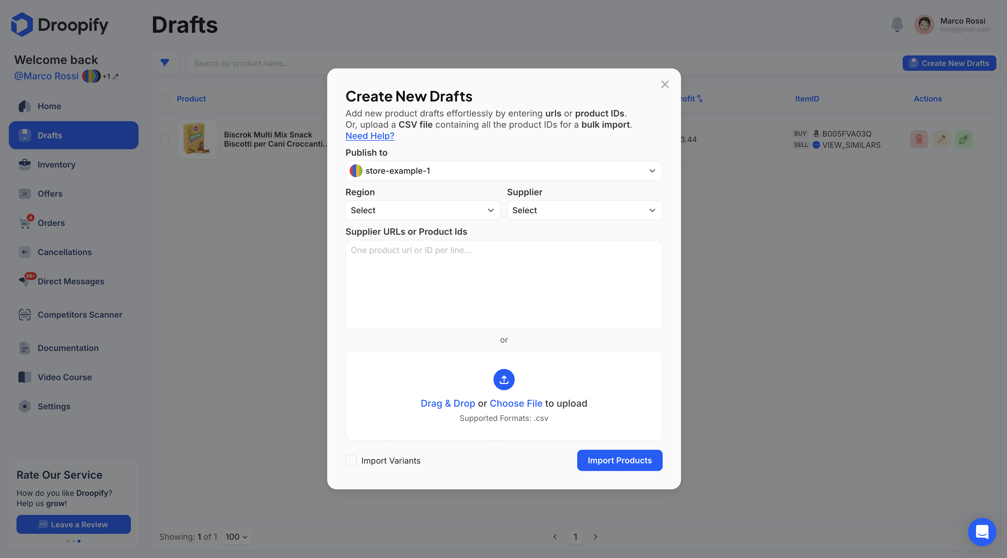 Drafts Page - Create New Draft Pop-up