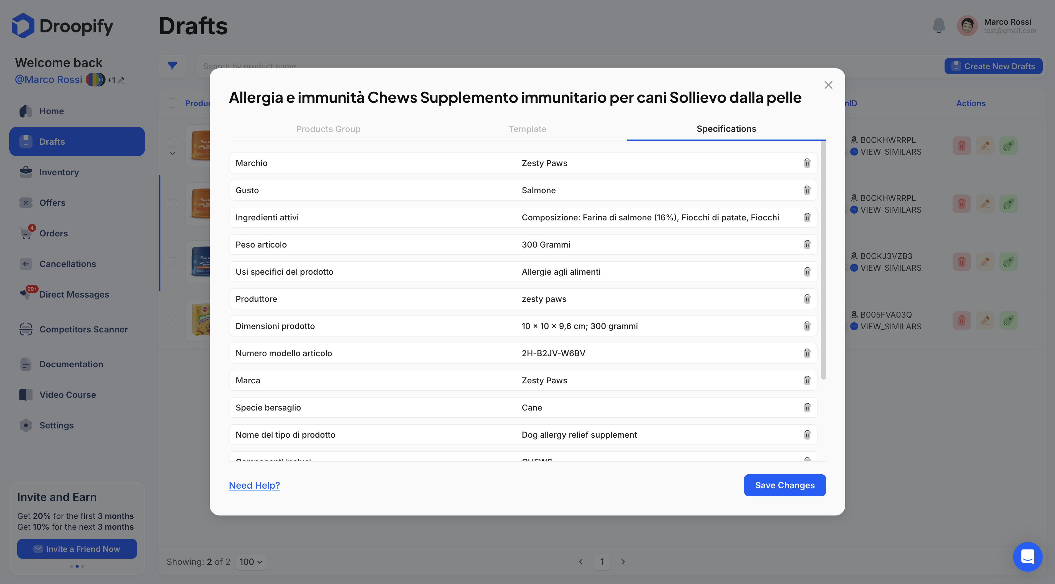 Drafts Page - Edit Group Specifications