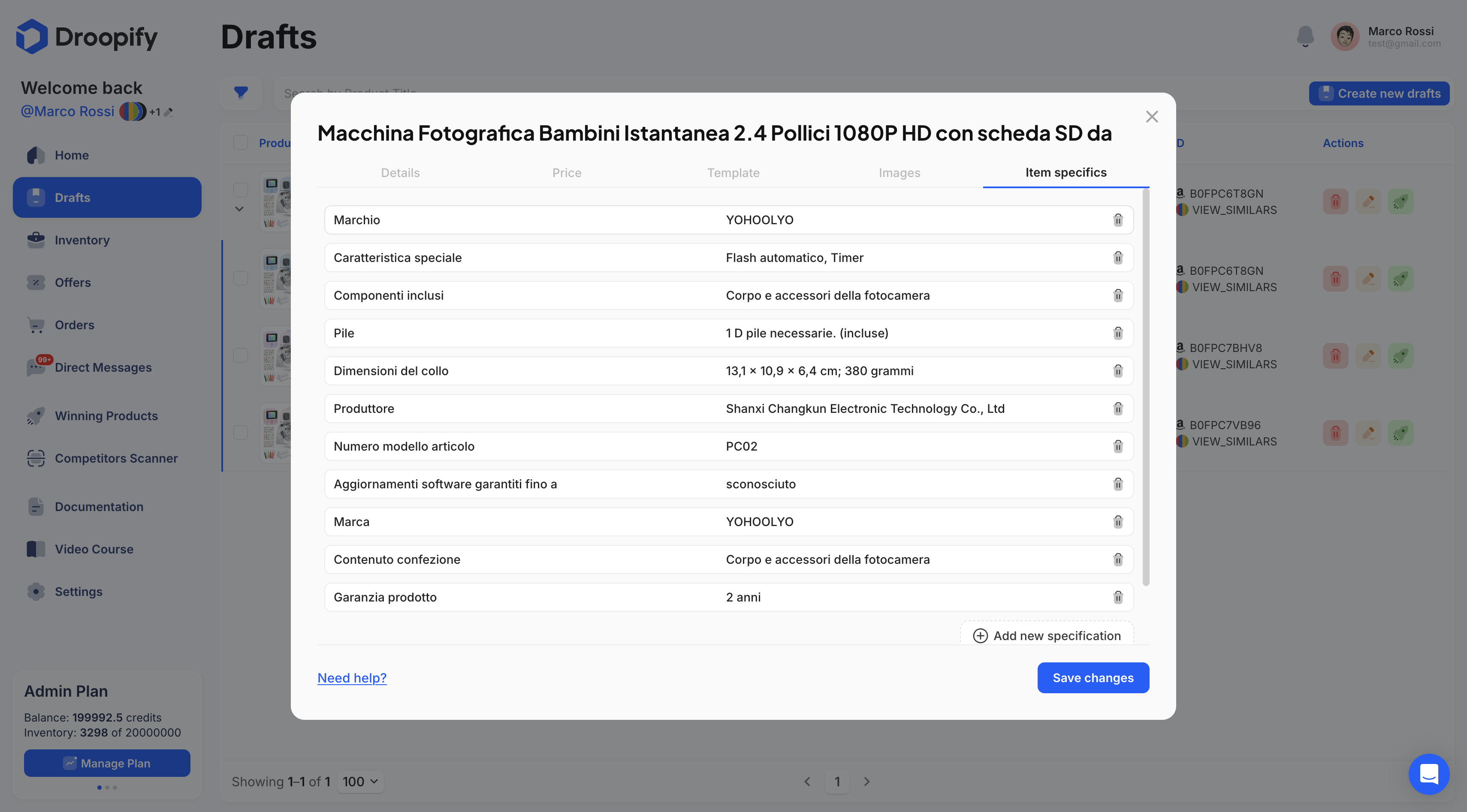 Pagina Bozze - Modifica Singola Specifiche