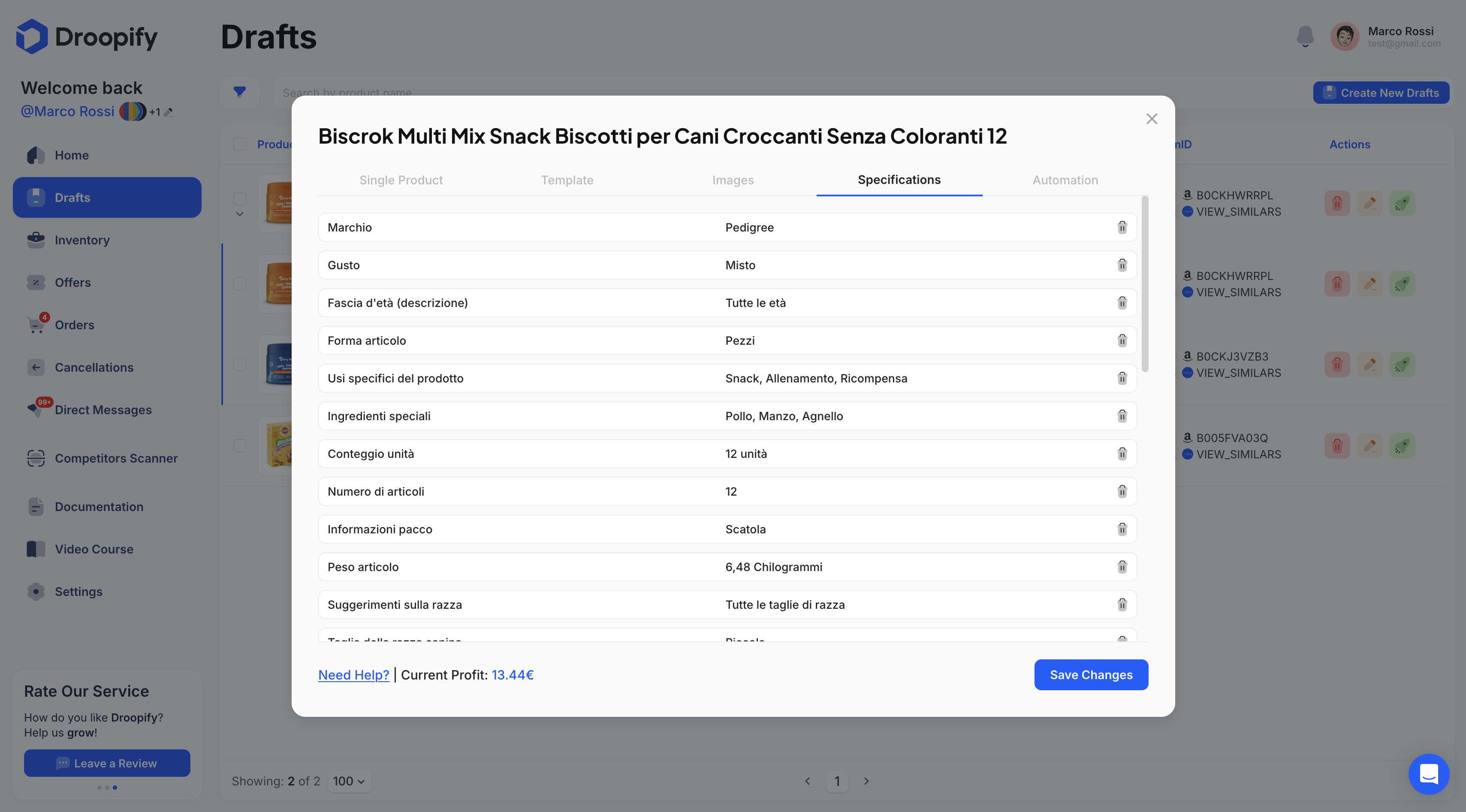 Drafts Page - Single Edit Specifications