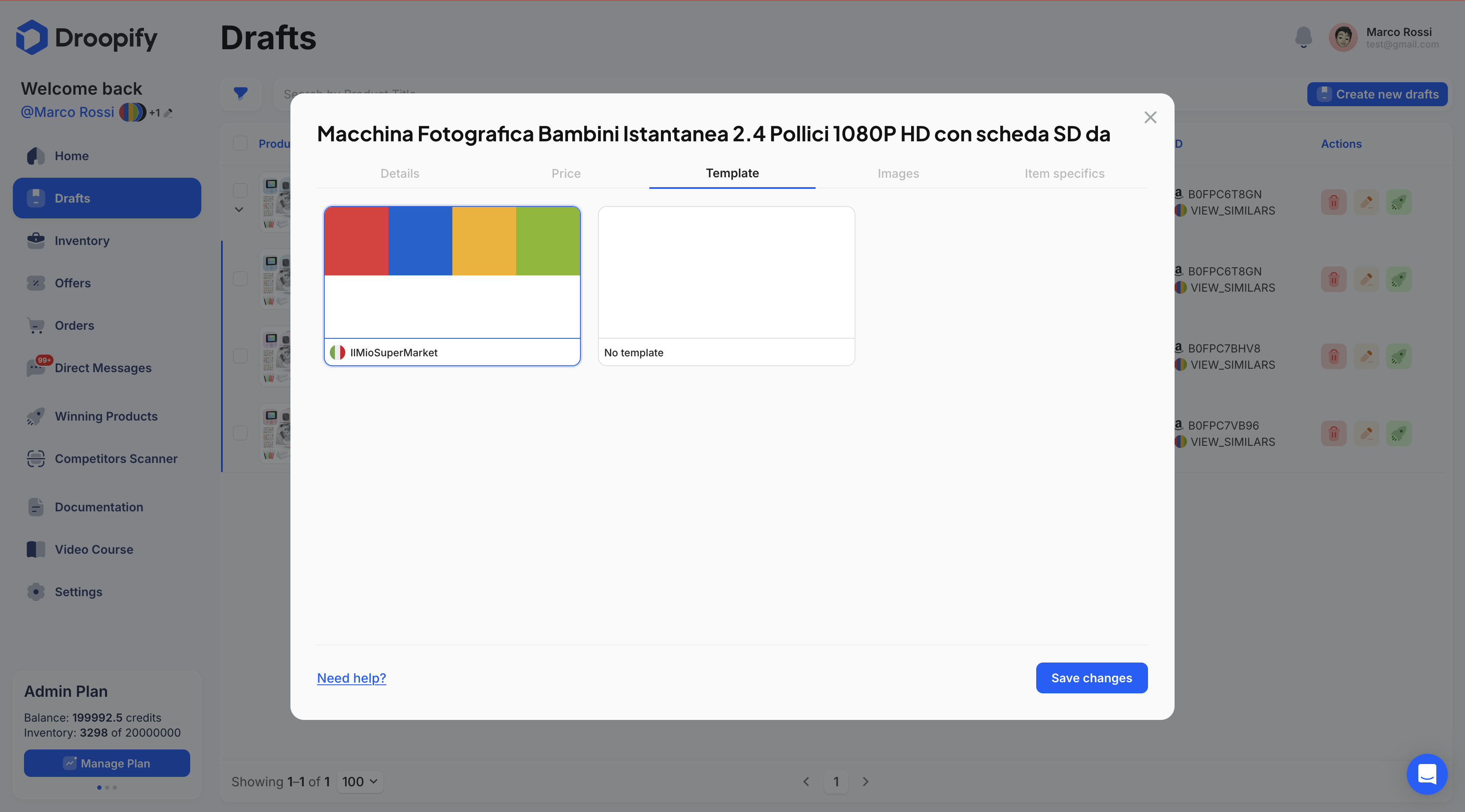 Pagina Bozze - Modifica Singola Template