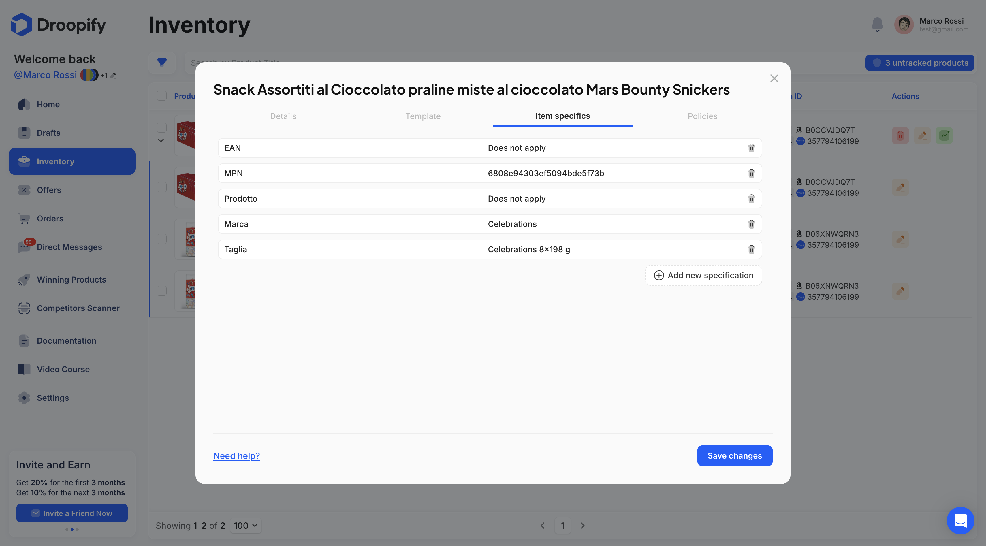 Inventory Page - Edit Group Specifications