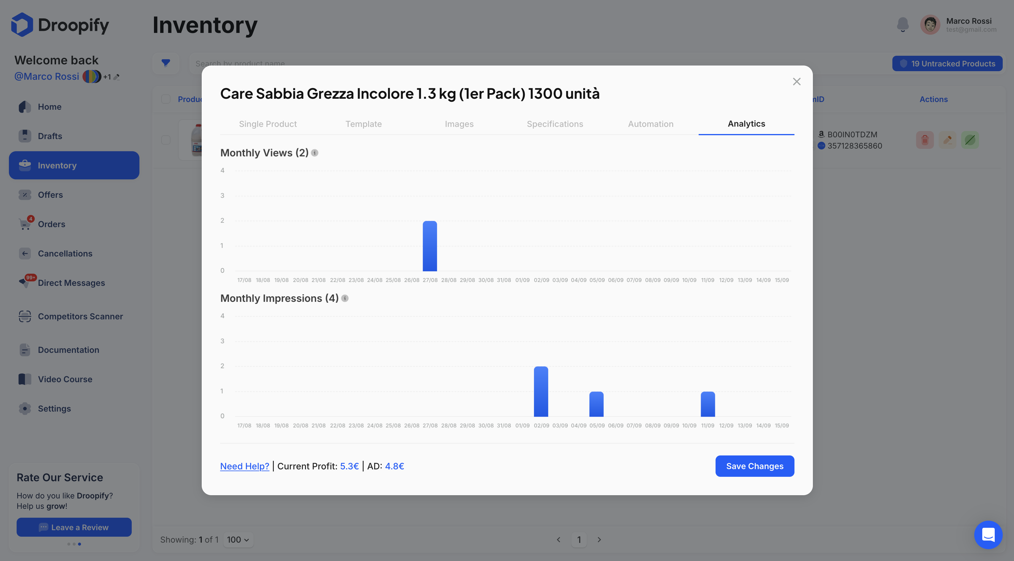 Inventory Page - Edit Single Analytics