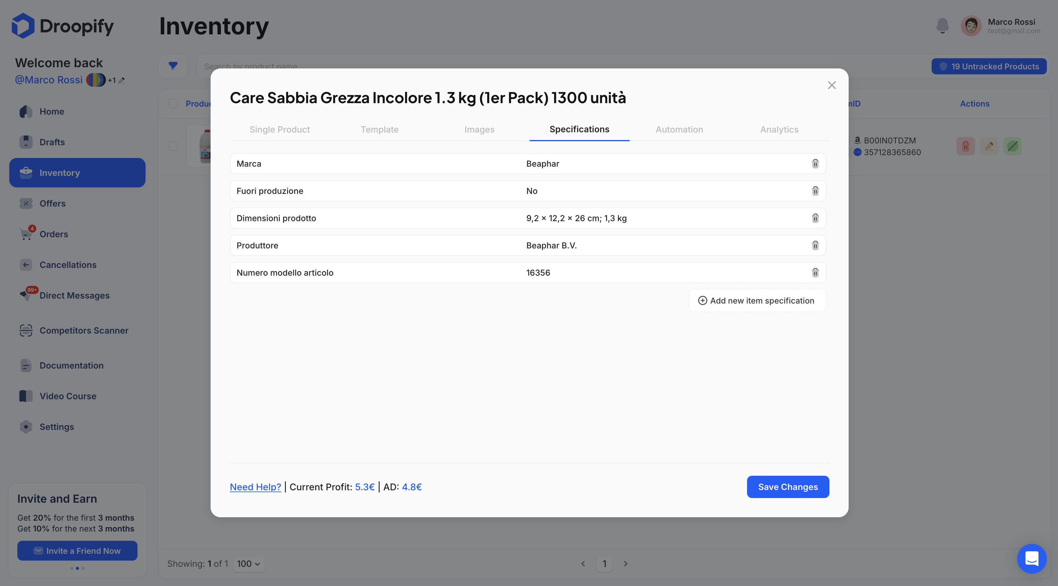 Inventory Page - Edit Single Specifications