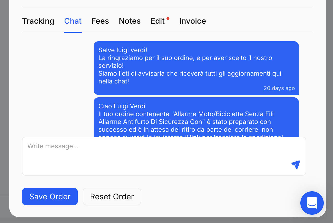 Orders Page - View Order Details - Chat