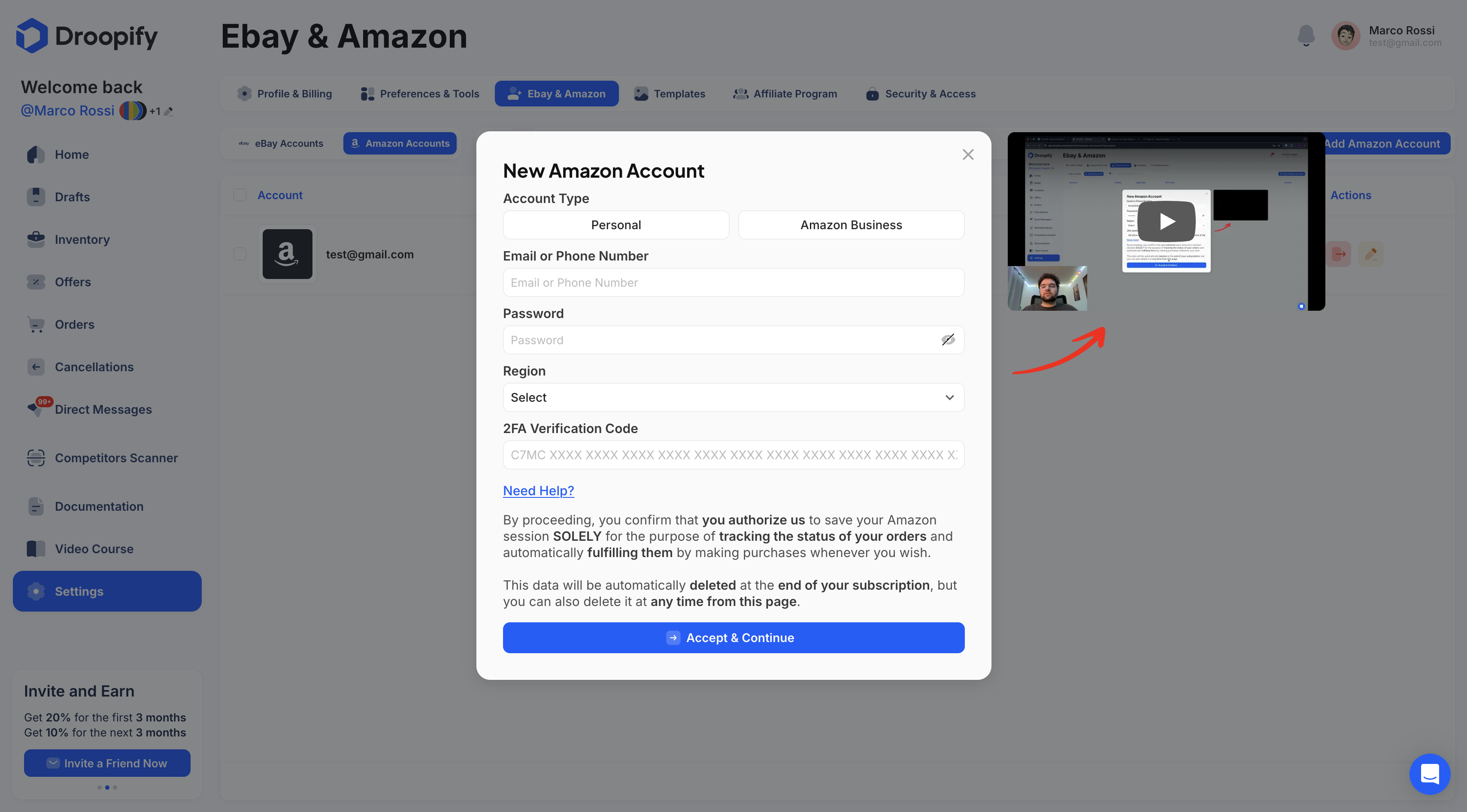Amazon Settings Page - Add New Amazon Account