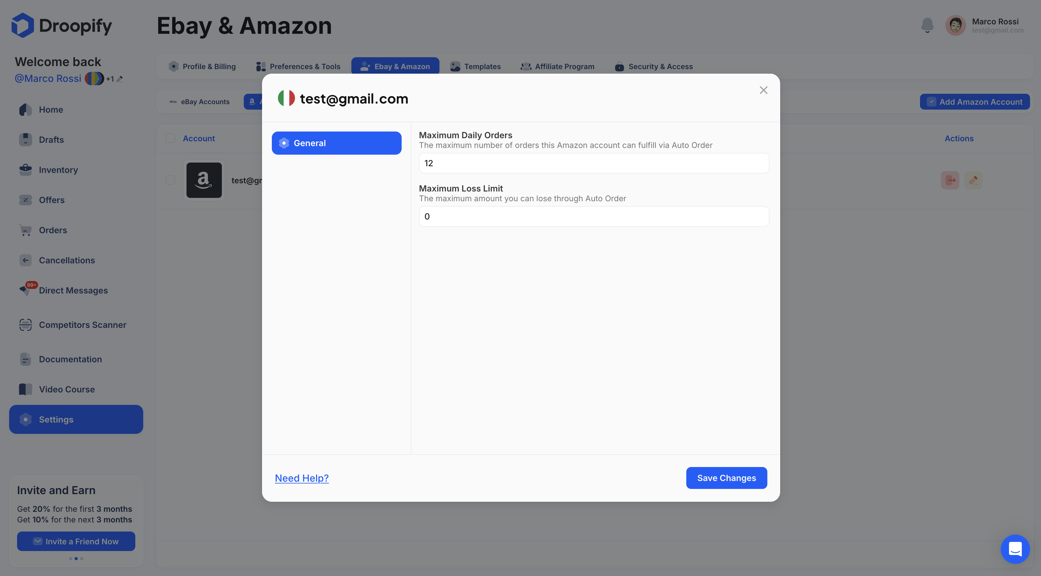 Amazon Settings Page - Edit Panel