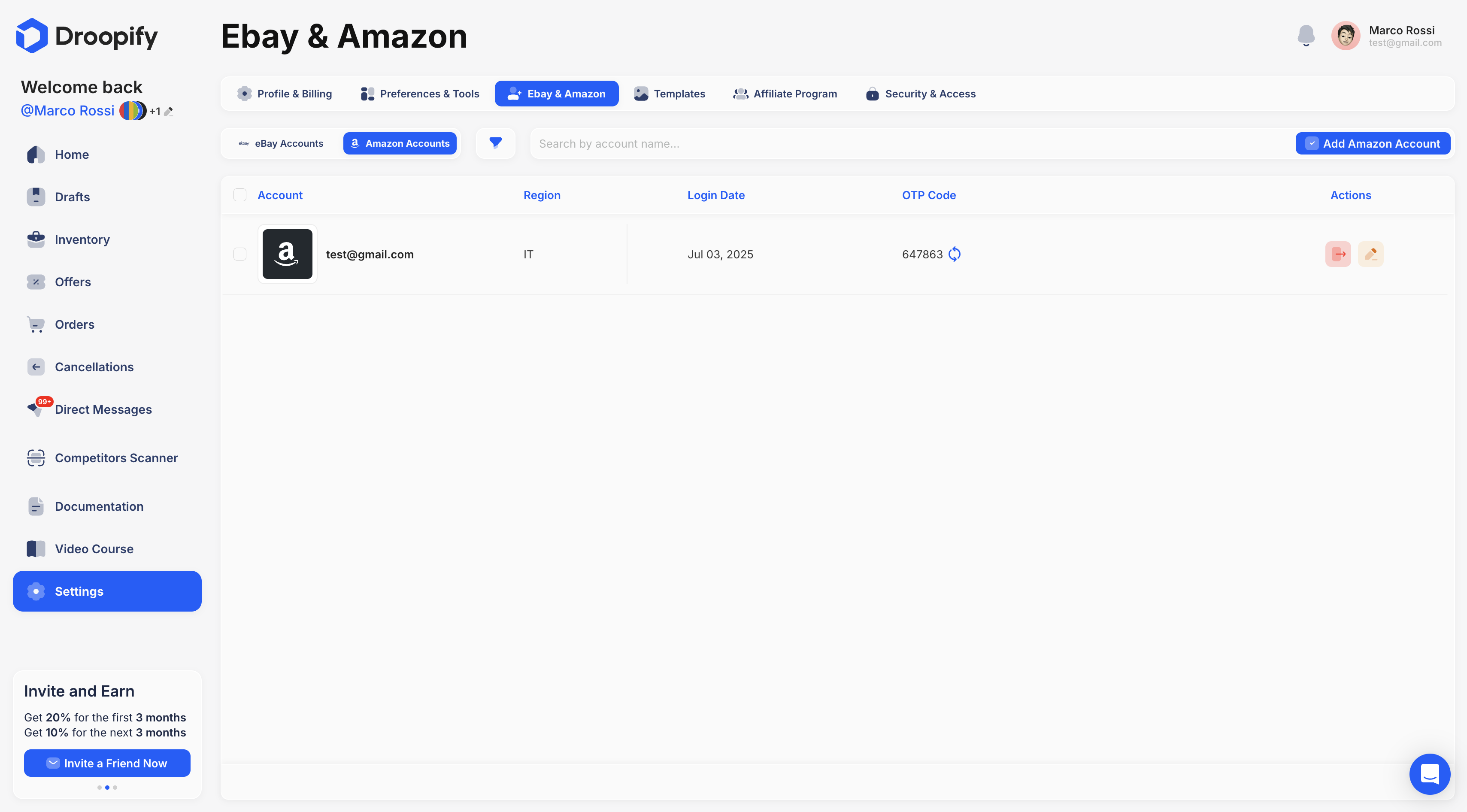 Settings Page - Ebay & Amazon - Amazon Section