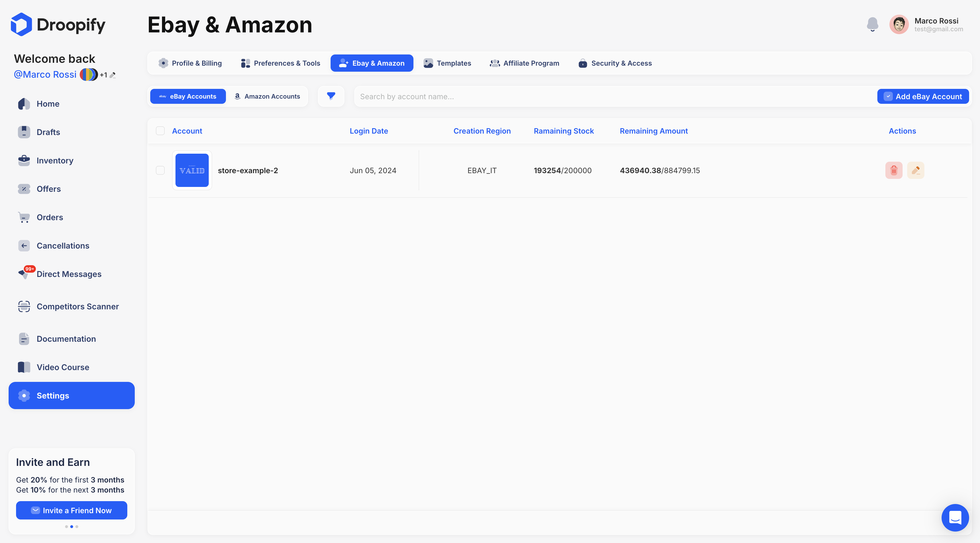 Settings Page - Ebay & Amazon