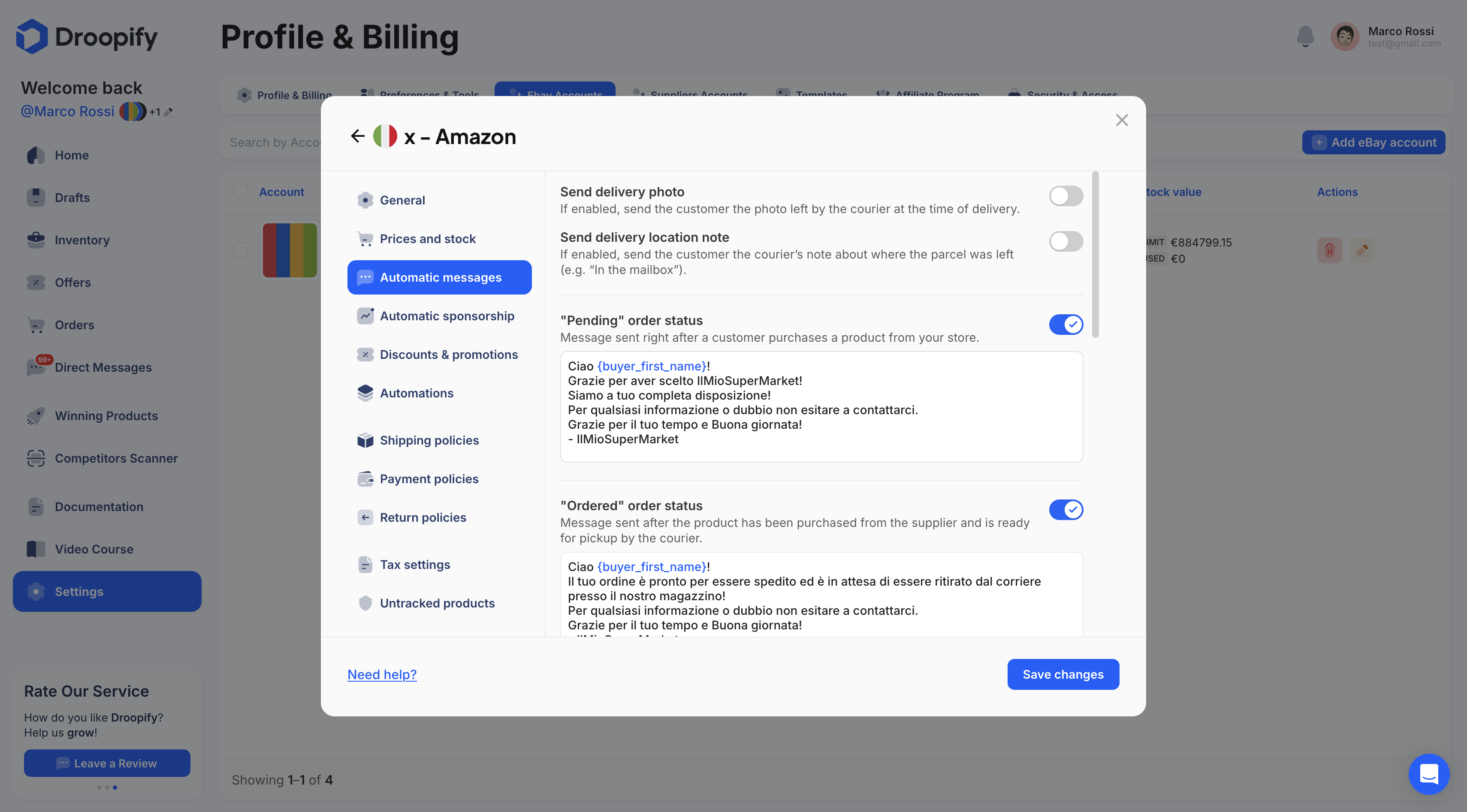 eBay Settings Page - Automated Messages Edit Panel