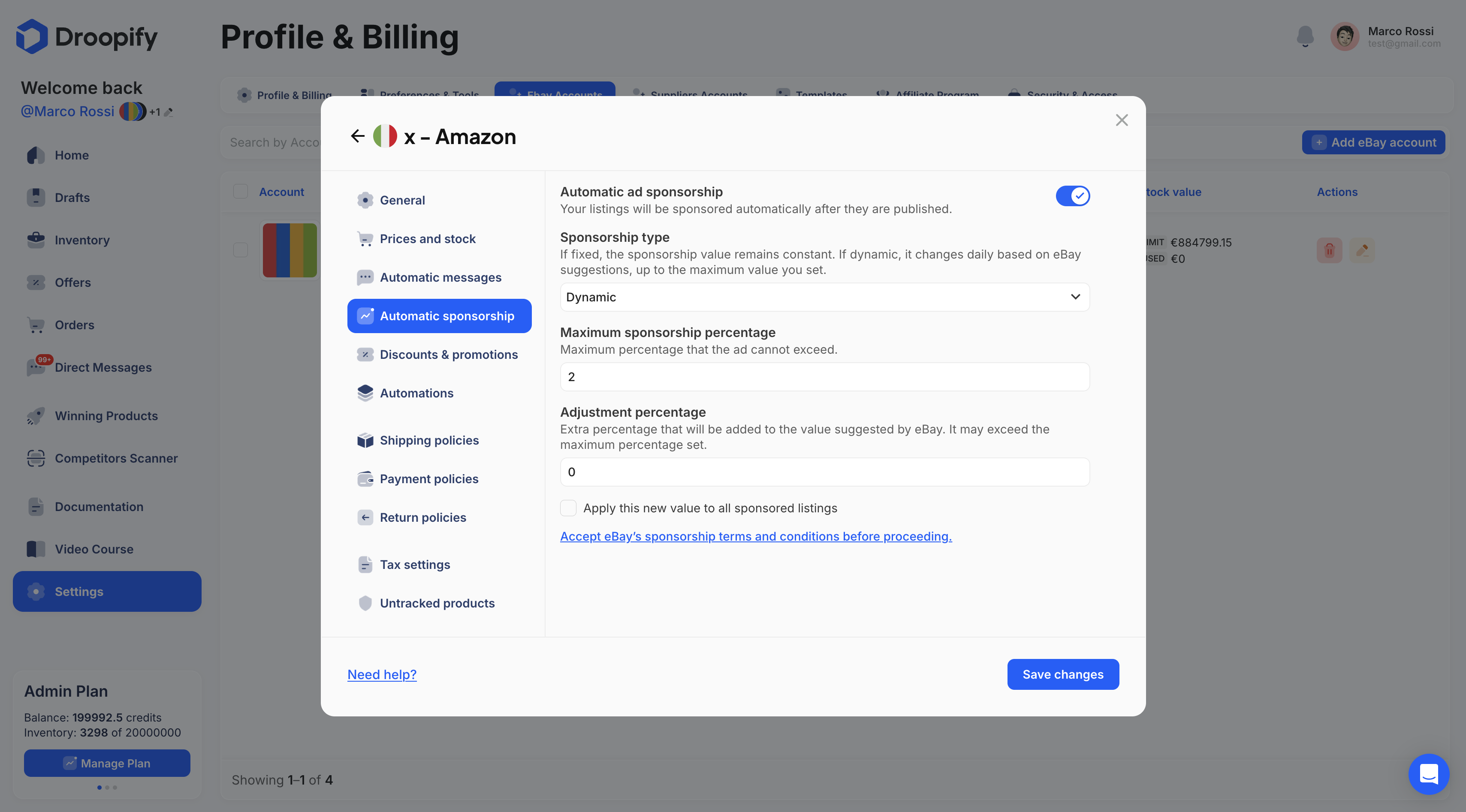 eBay Settings Page - Automatic Sponsorship Edit Panel