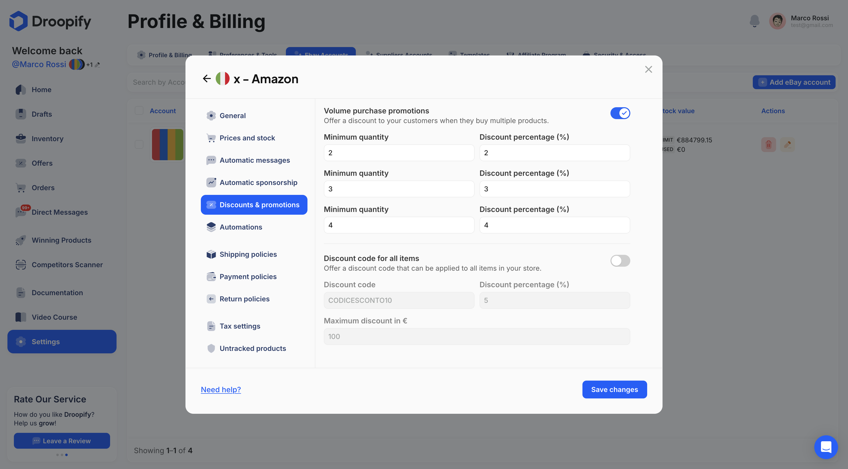 eBay Settings Page - Discounts and Promotions Edit Panel