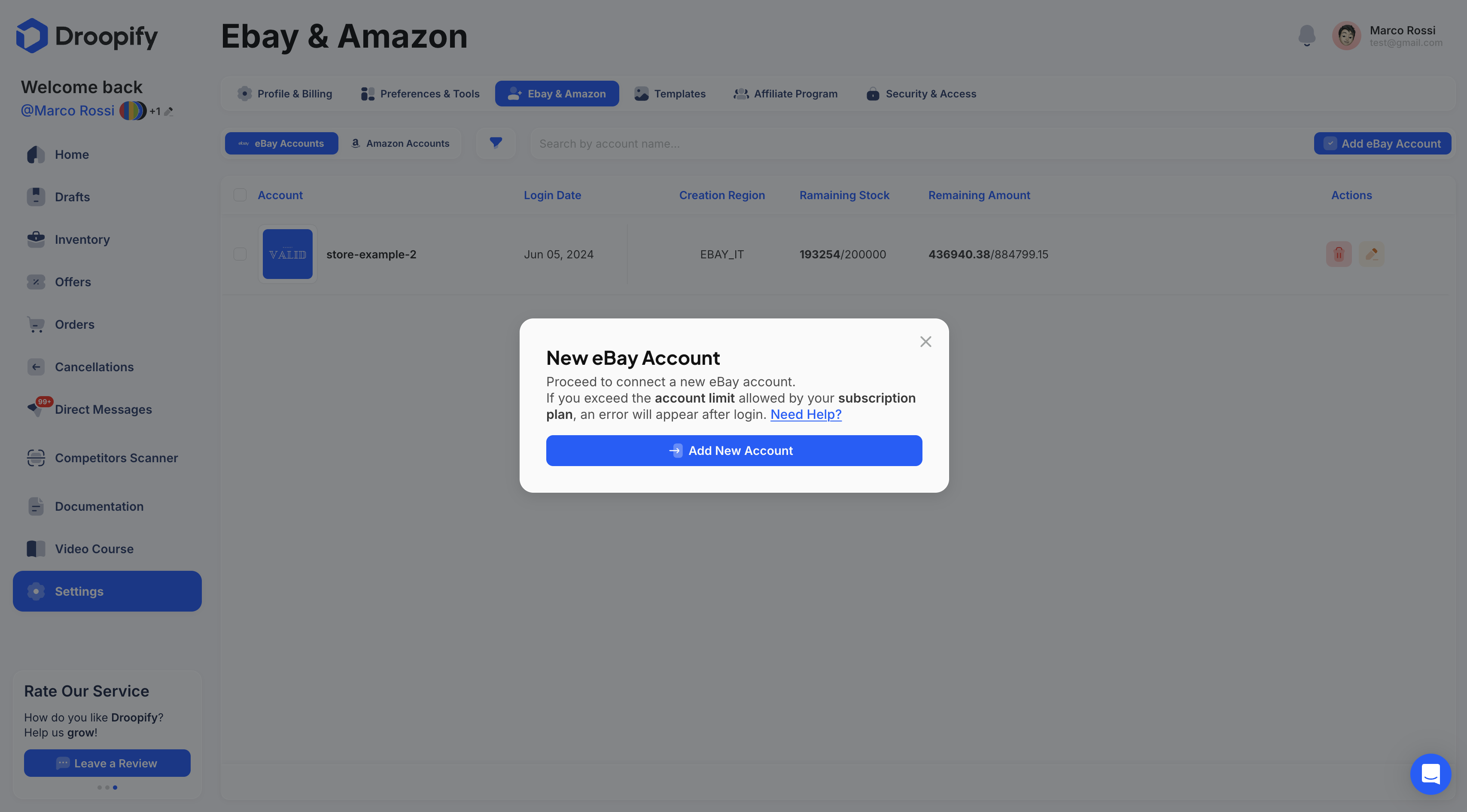 eBay Settings Page - Add New eBay Account