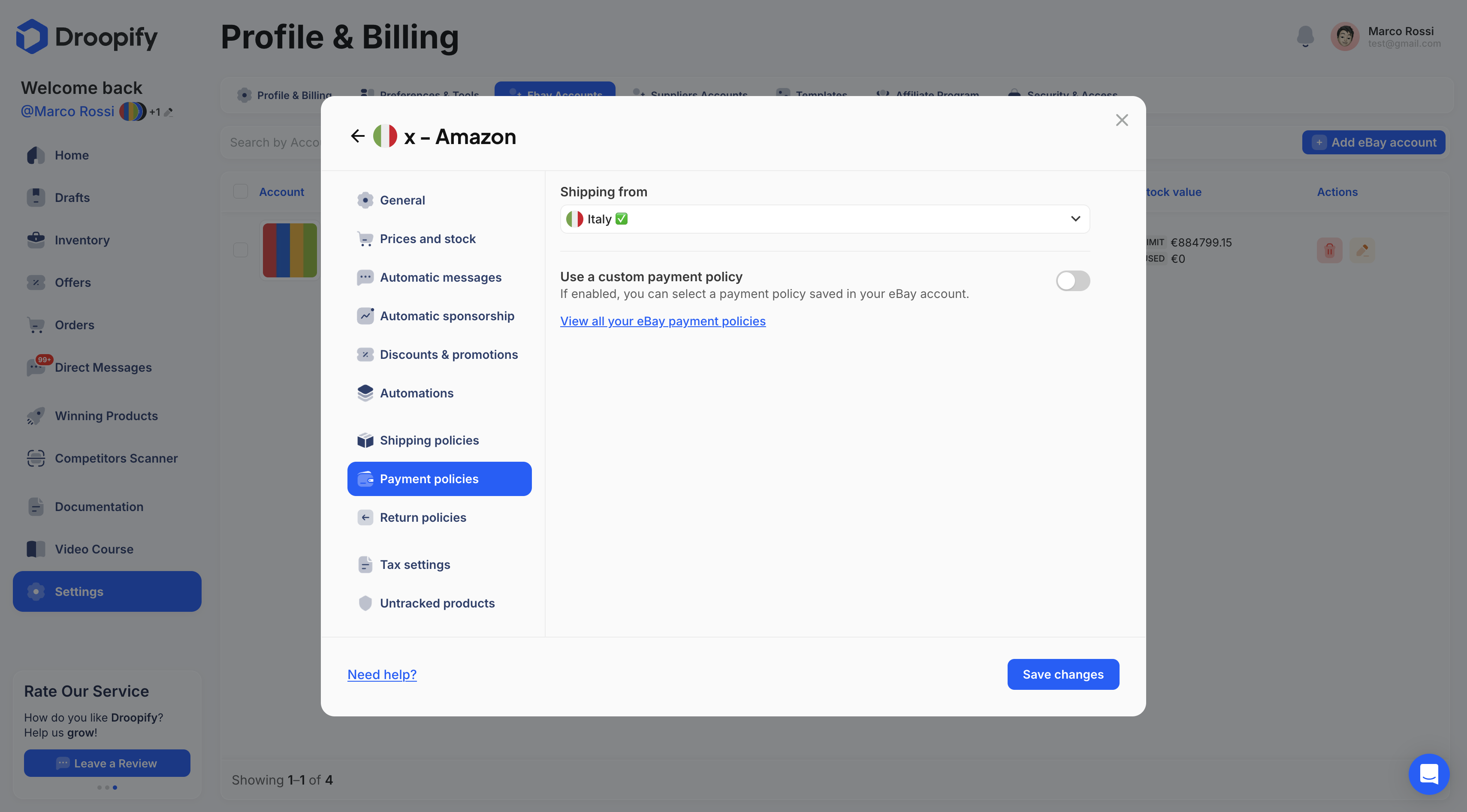 eBay Settings Page - Shipping Edit Panel