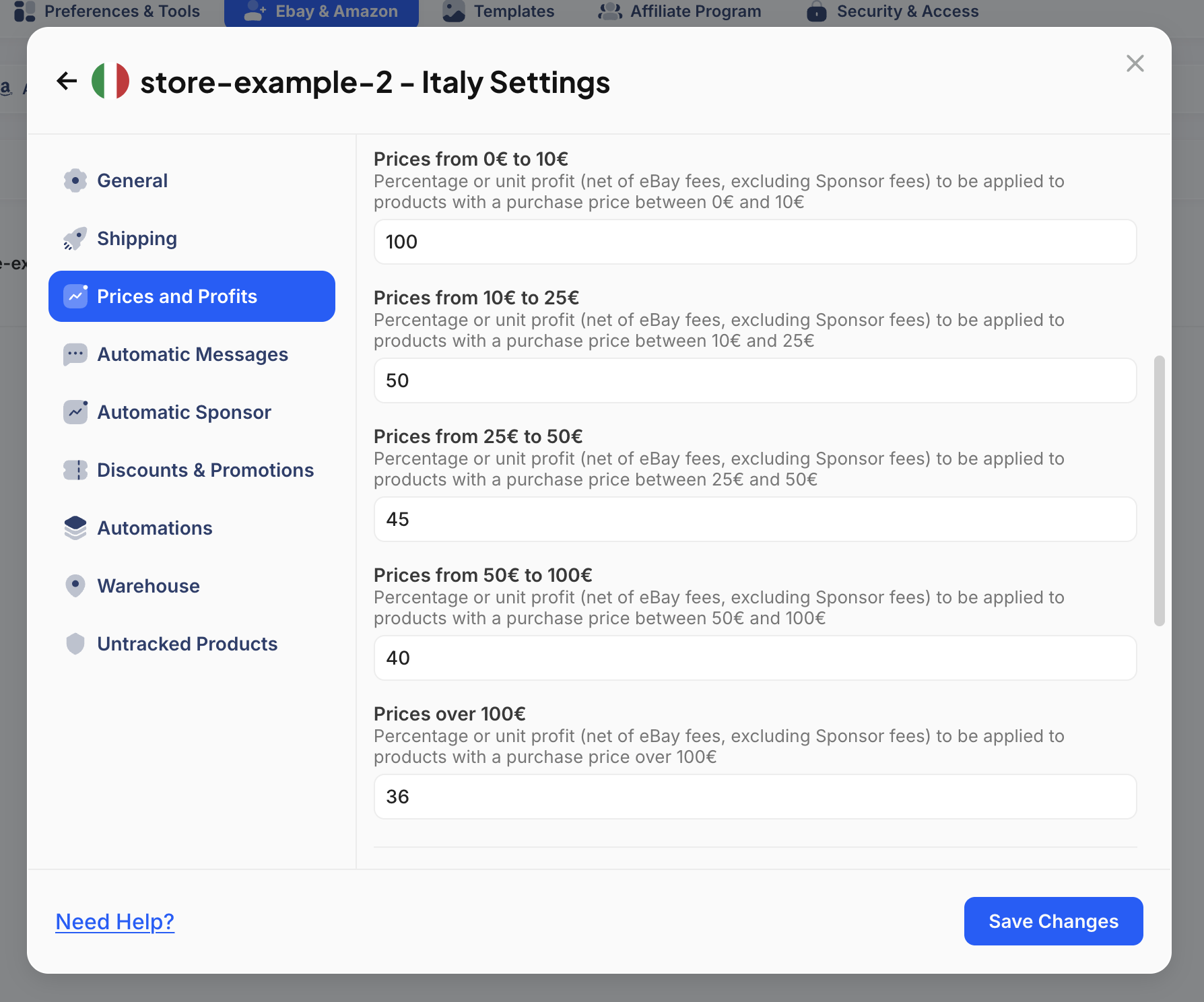 eBay Settings Page - Price and Profit Edit Panel