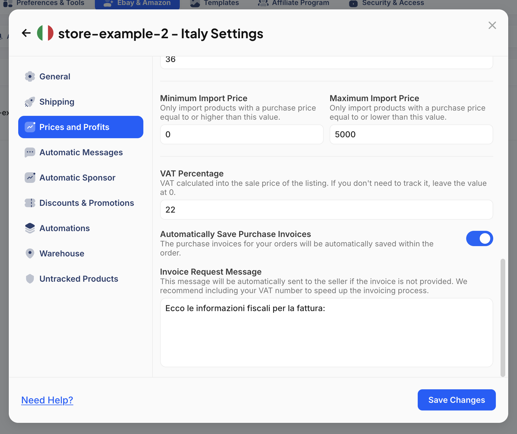 eBay Settings Page - Edit Prices and Profits Panel