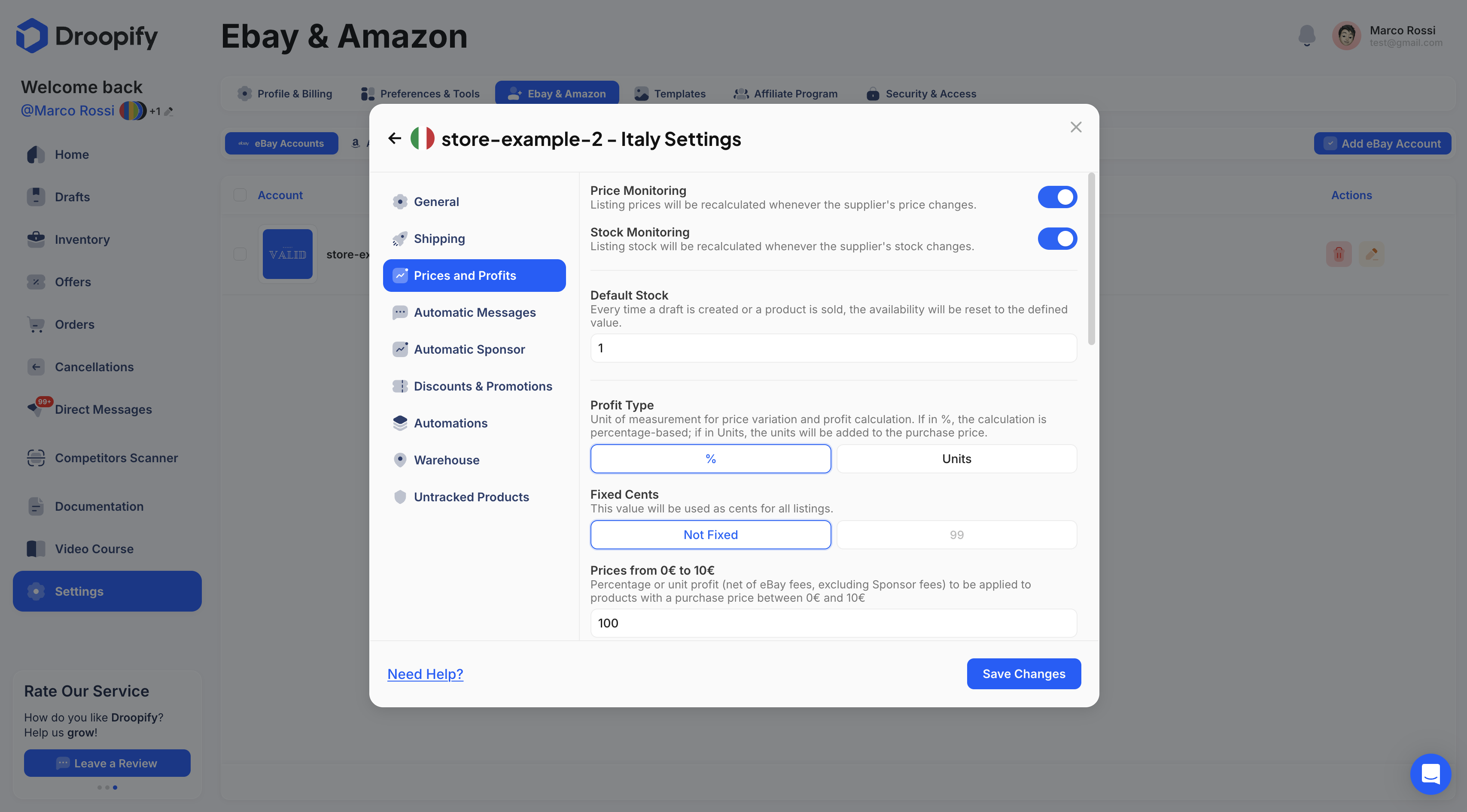 eBay Settings Page - Edit Panel Pricing and Profits