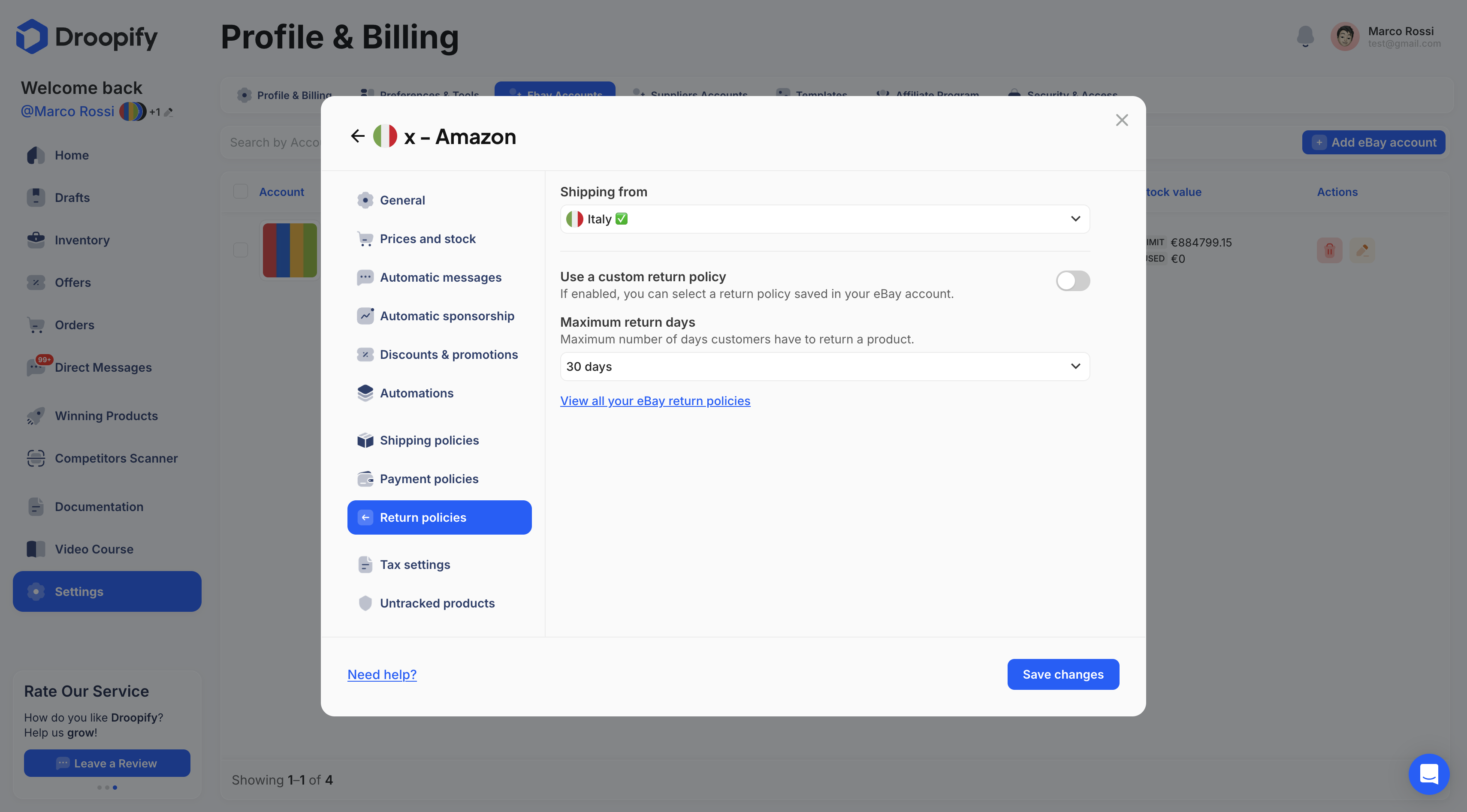 eBay Settings Page - Shipping Edit Panel