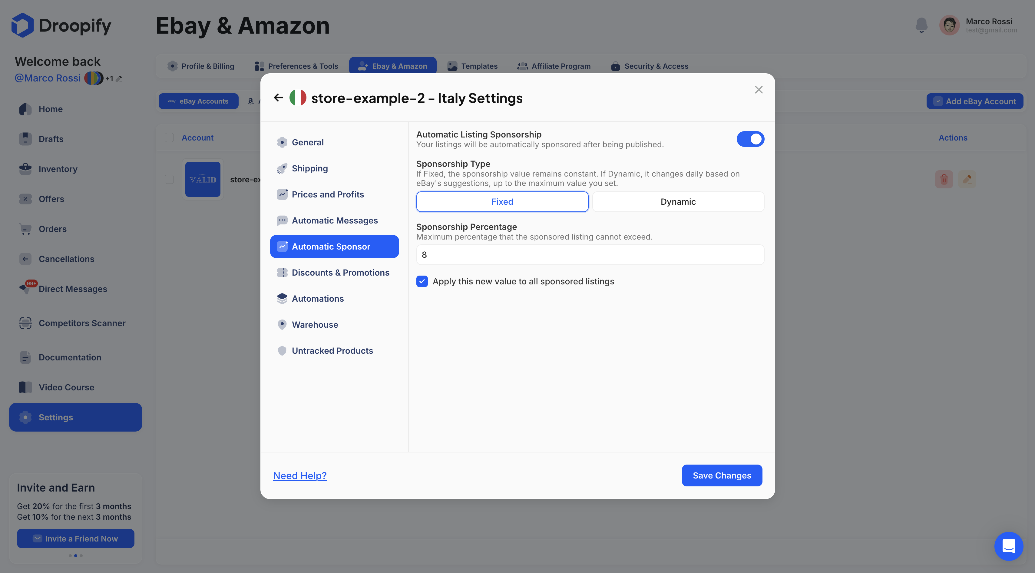 eBay Settings Page - Edit Panel Automatic Sponsorship