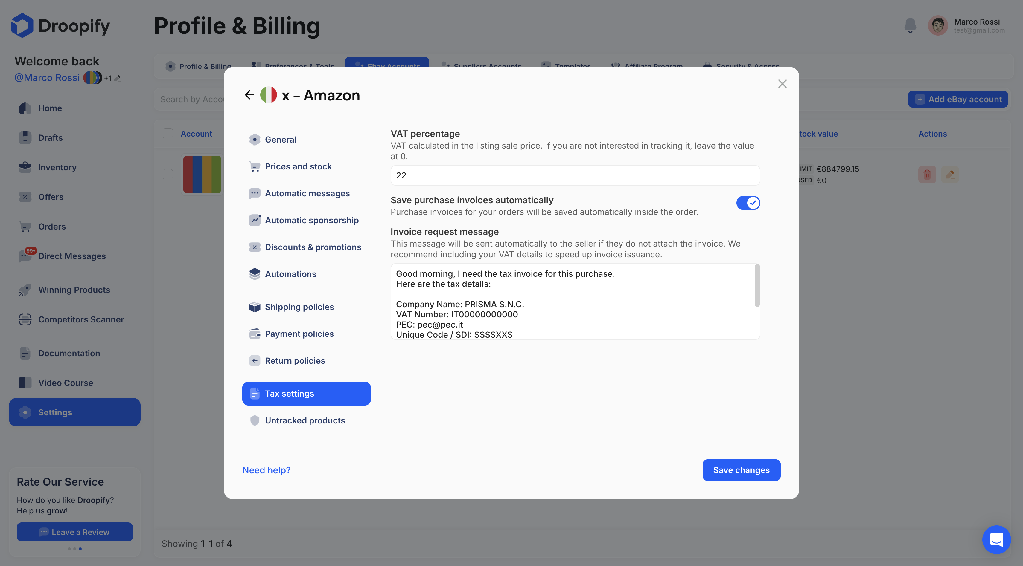 eBay Settings Page - Shipping Edit Panel
