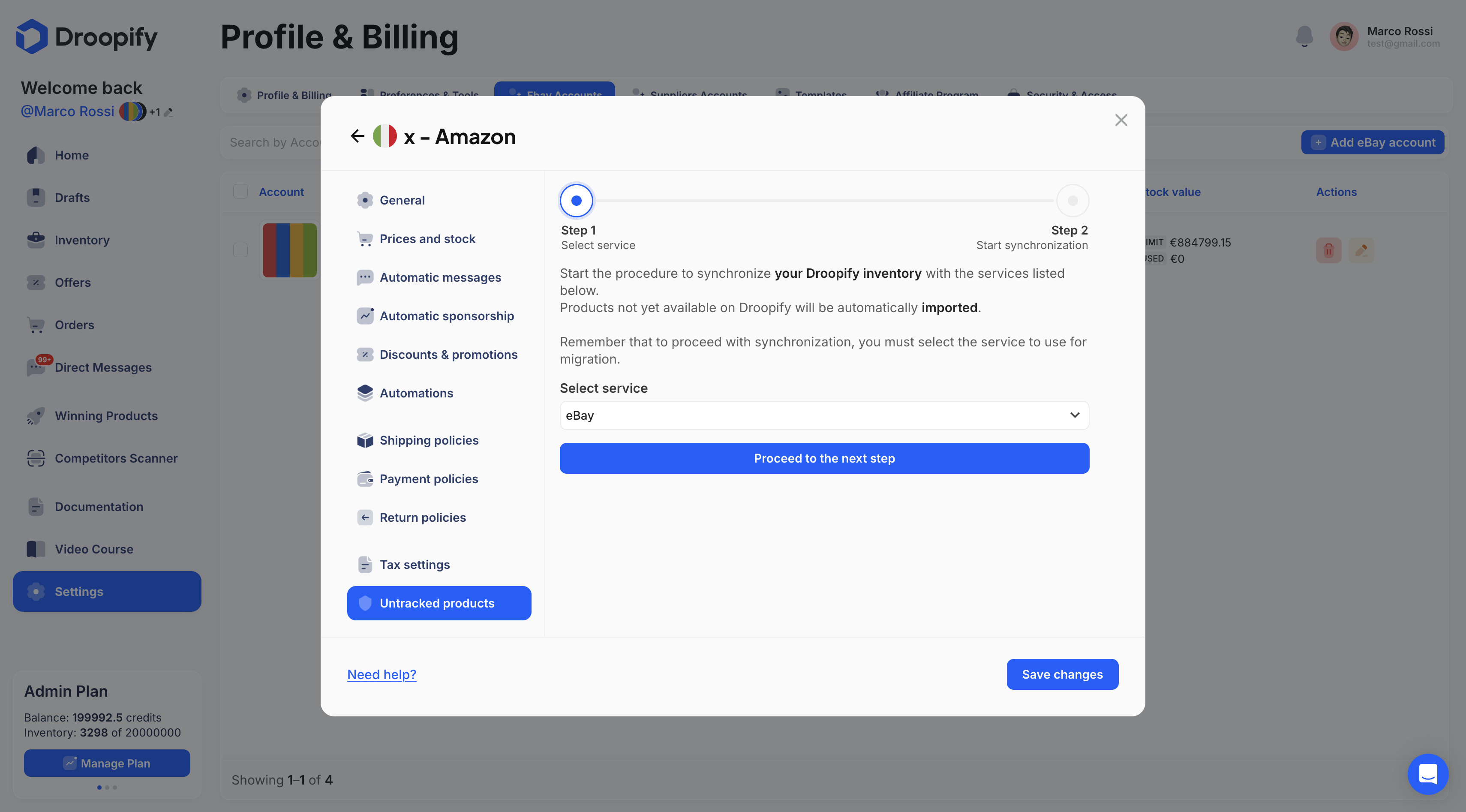 eBay Settings Page - Unmonitored Products