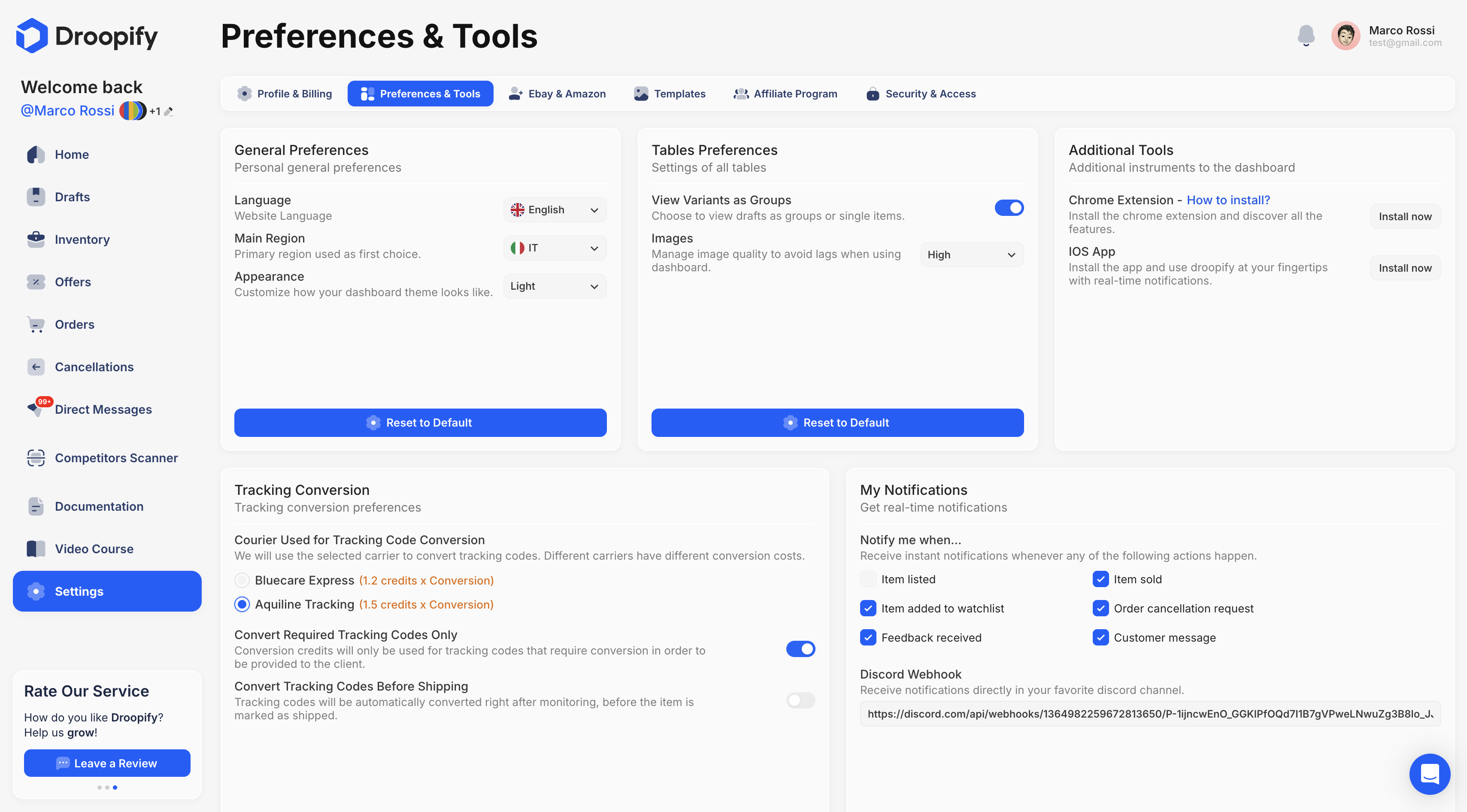 Settings Preferences and Tools Page