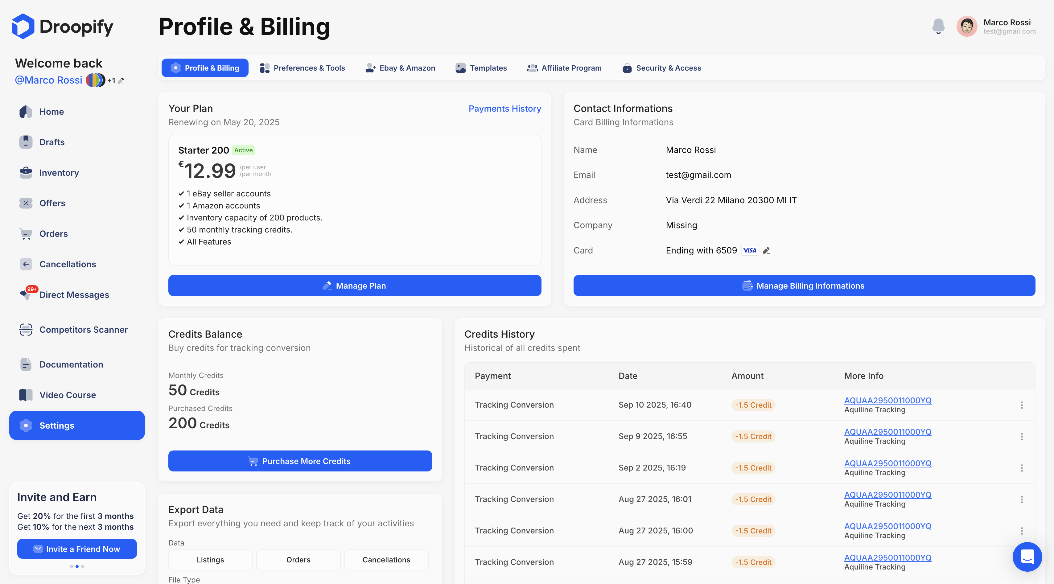 Profile and Billing Page