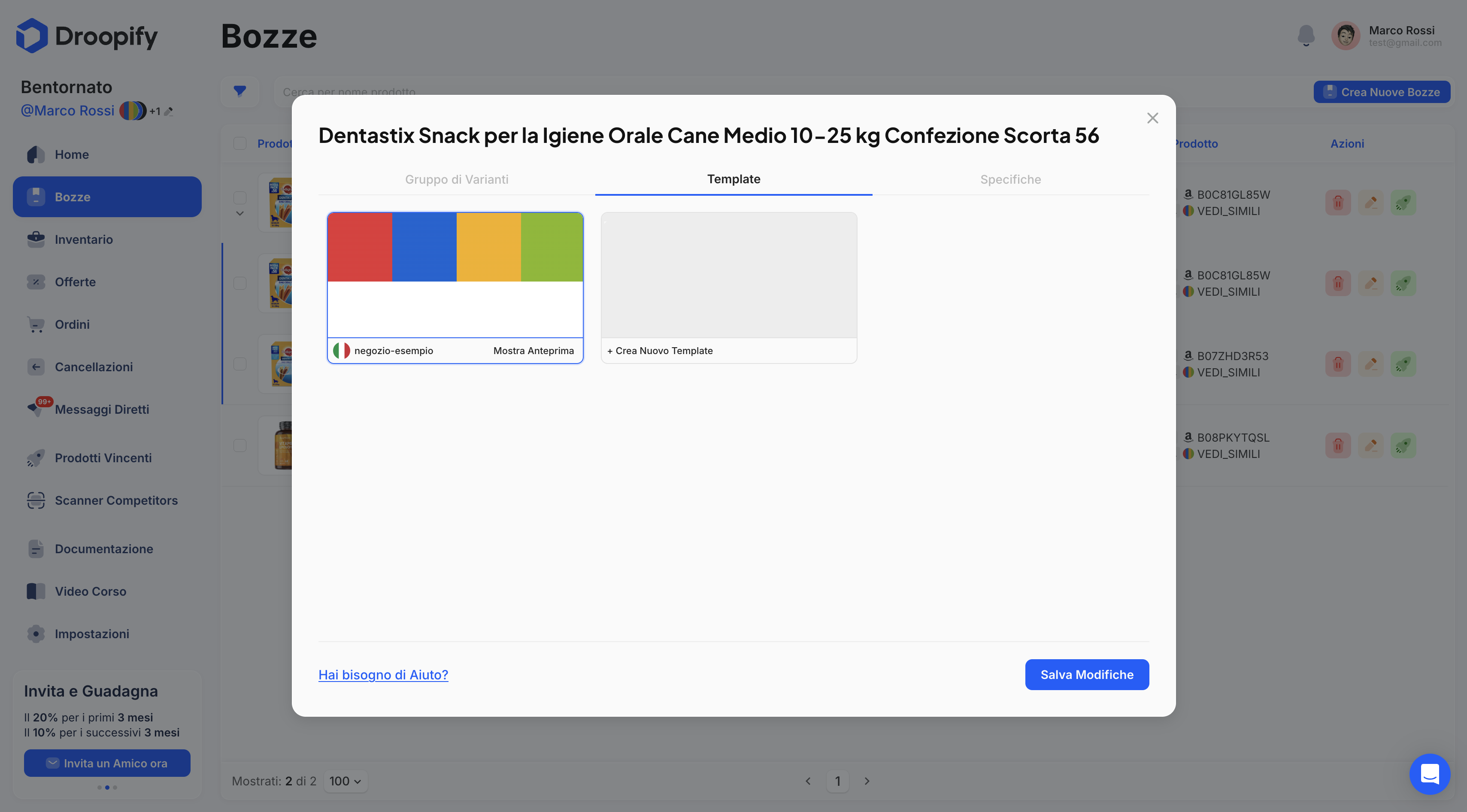 Pagina Bozze - Modifica Gruppo Template