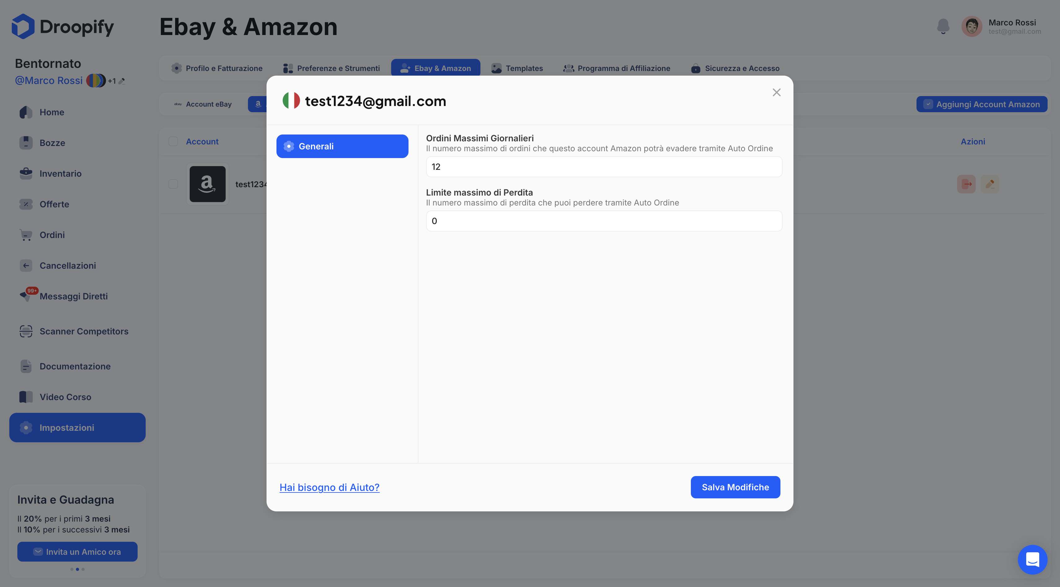 Pagina Impostazioni Amazon - Pannello Modifica