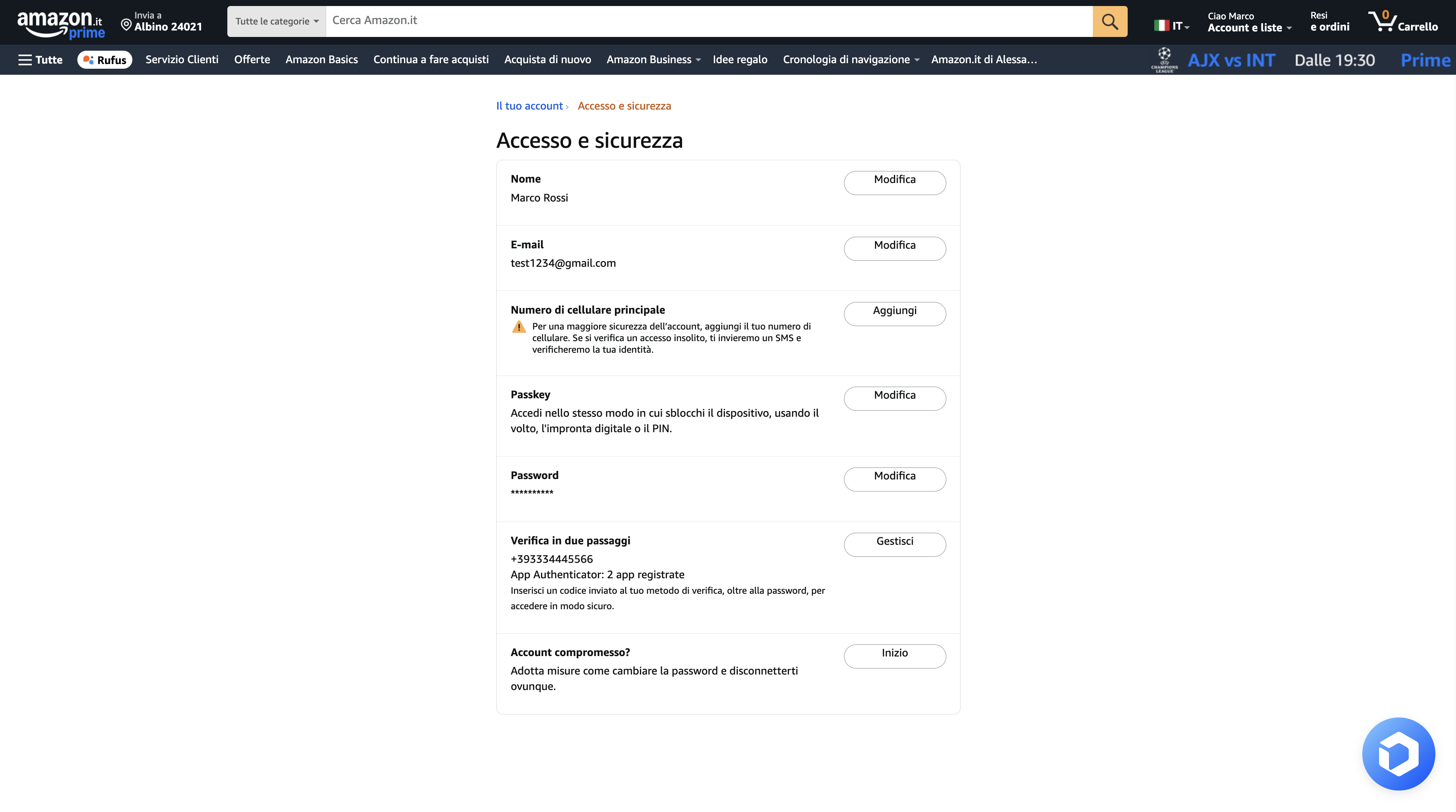 Pagina Impostazioni Amazon - Aggiungi Nuovo Account Amazon