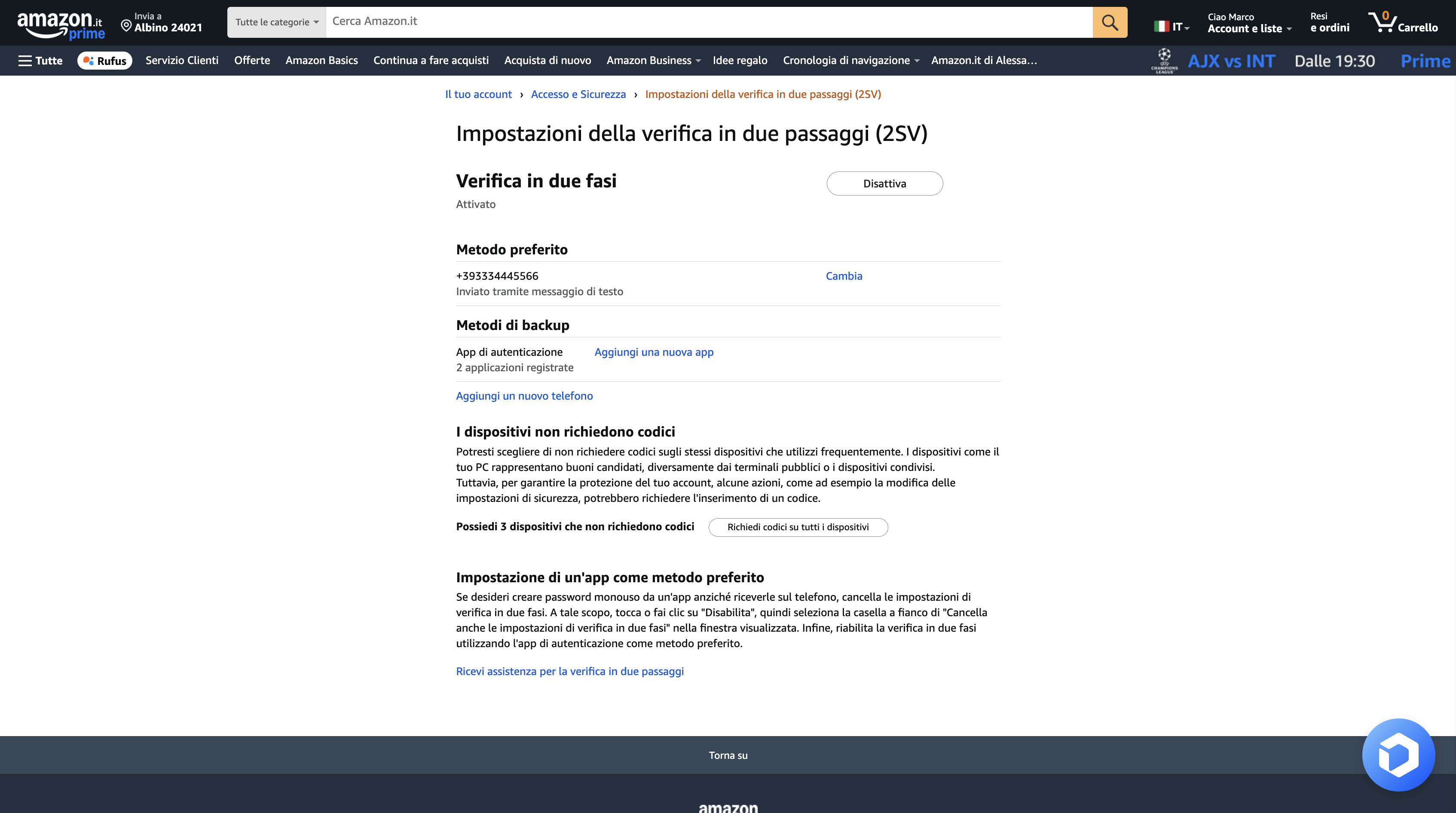 Pagina Impostazioni Amazon - Aggiungi Nuovo Account Amazon