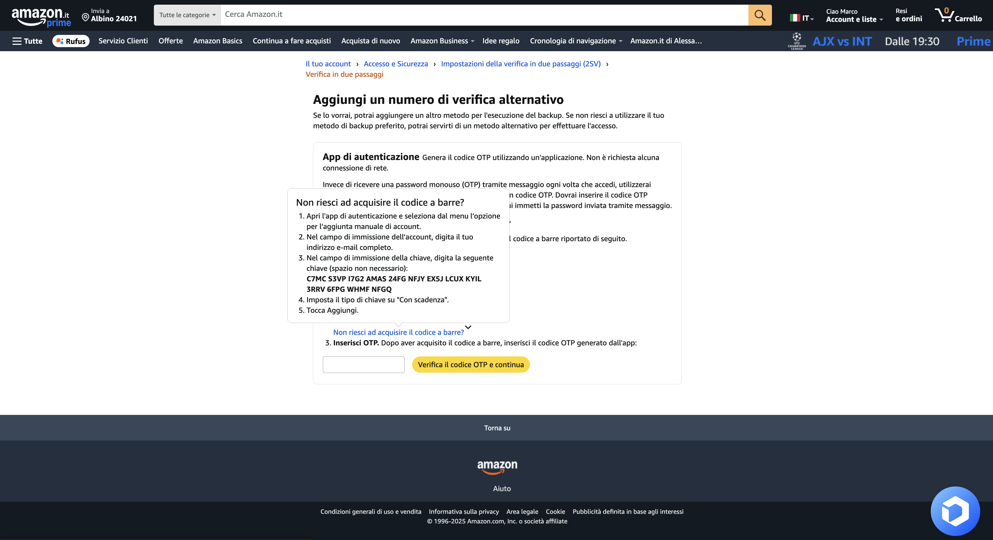 Pagina Impostazioni Amazon - Aggiungi Nuovo Account Amazon
