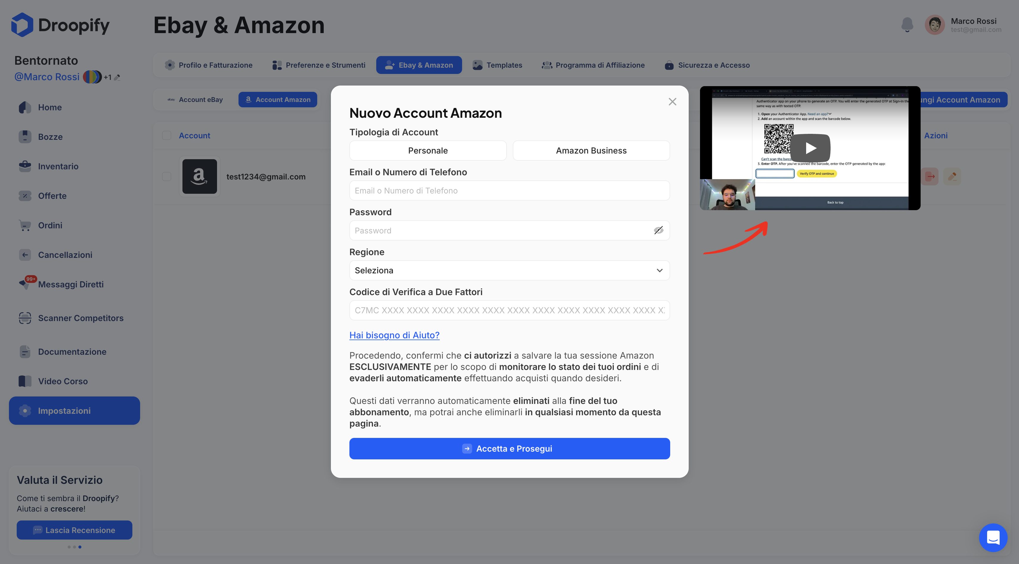 Pagina Impostazioni Amazon - Aggiungi Nuovo Account Amazon