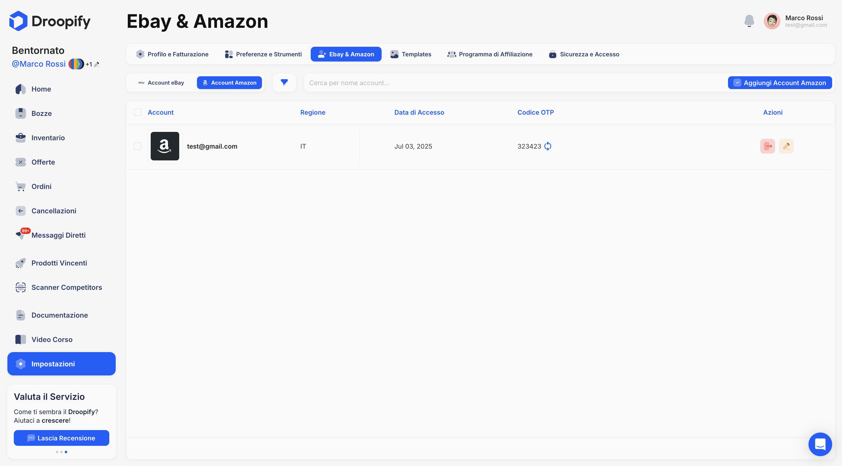 Pagina Impostazioni - Ebay & Amazon - Sezione Amazon