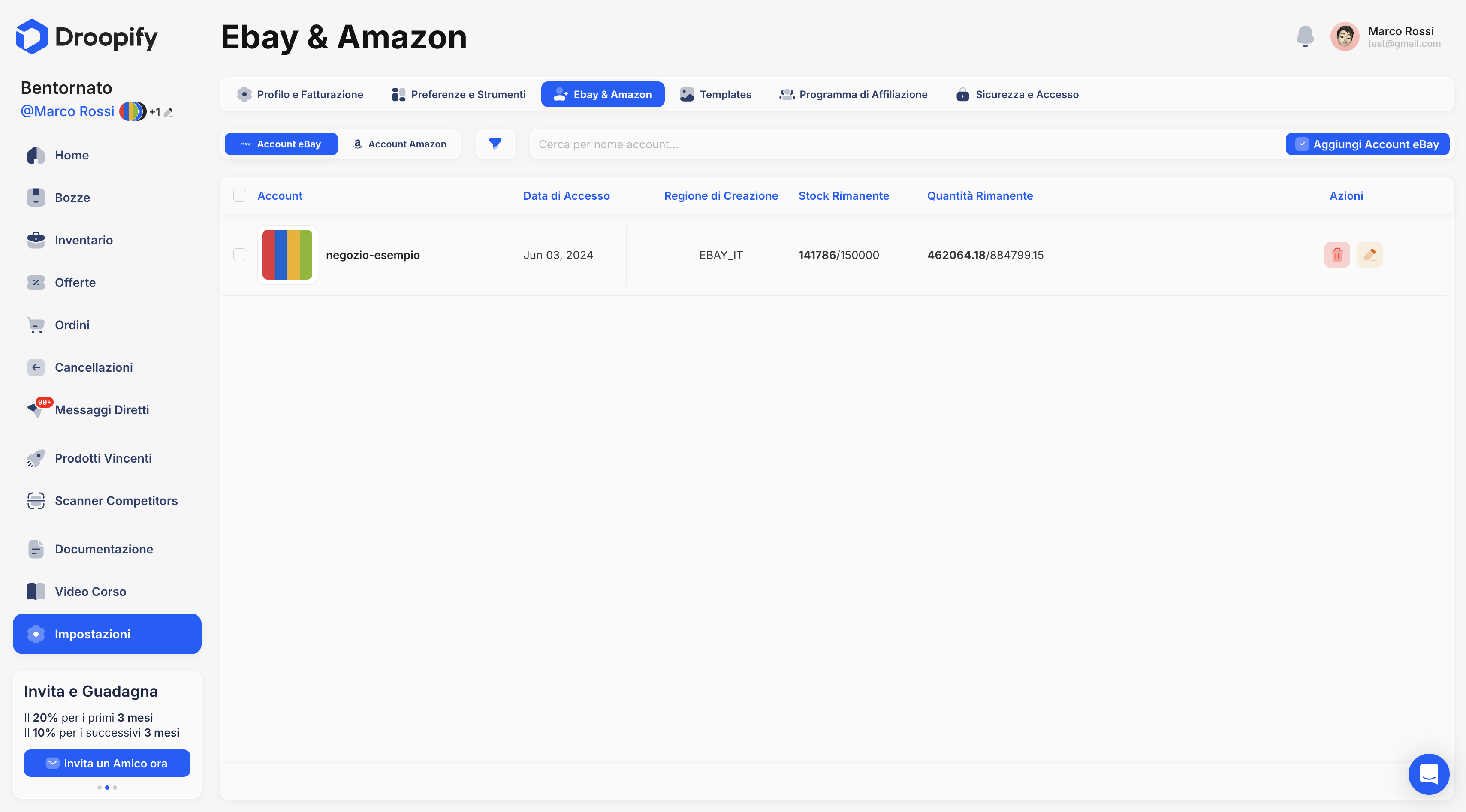Pagina Impostazioni - Ebay & Amazon