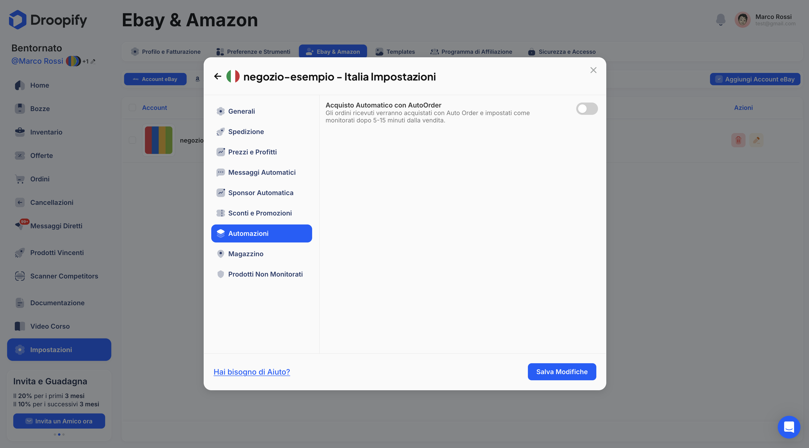 Pagina Impostazioni eBay - Pannello Modifica Automazioni