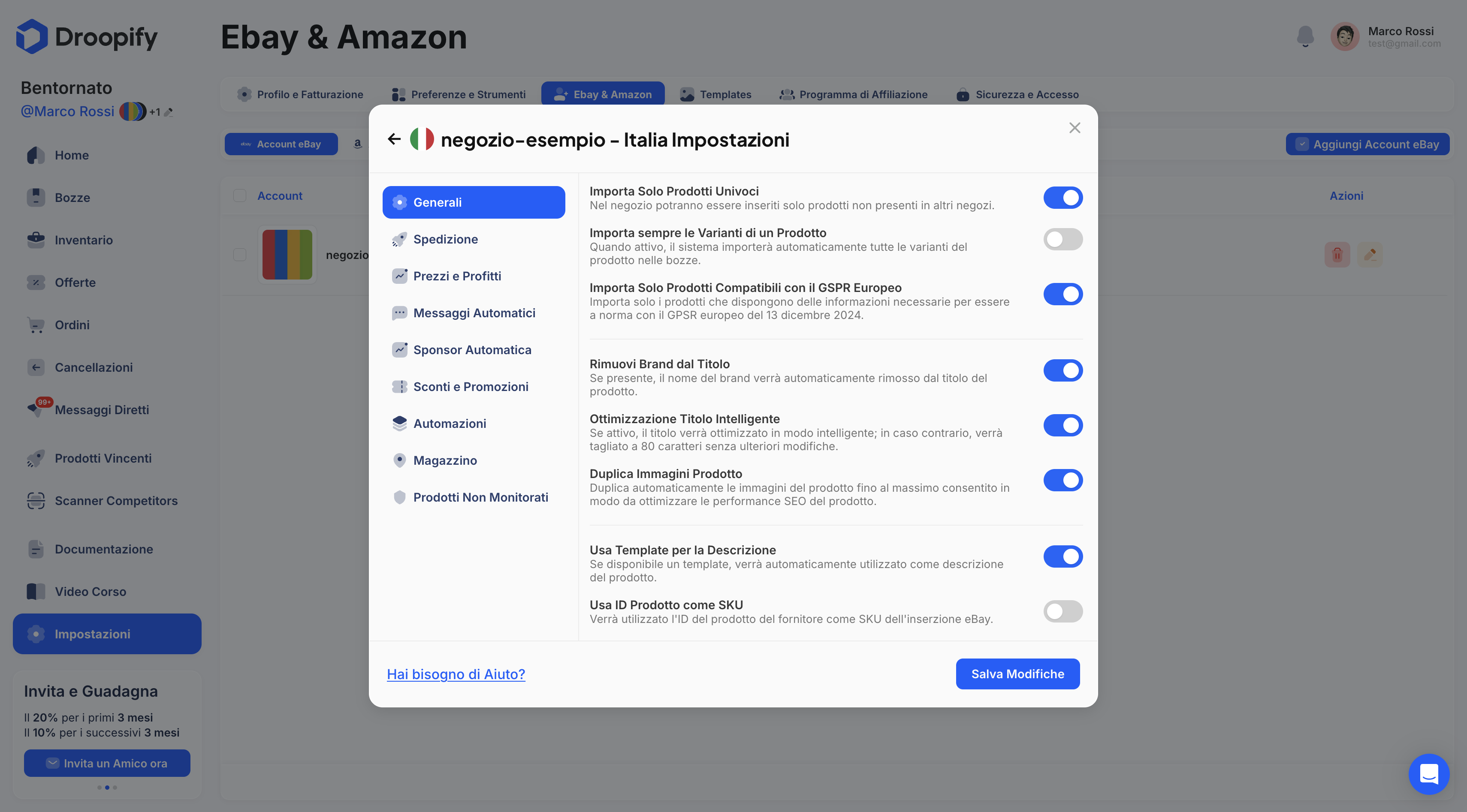 Pagina Impostazioni eBay - Pannello Modifica
