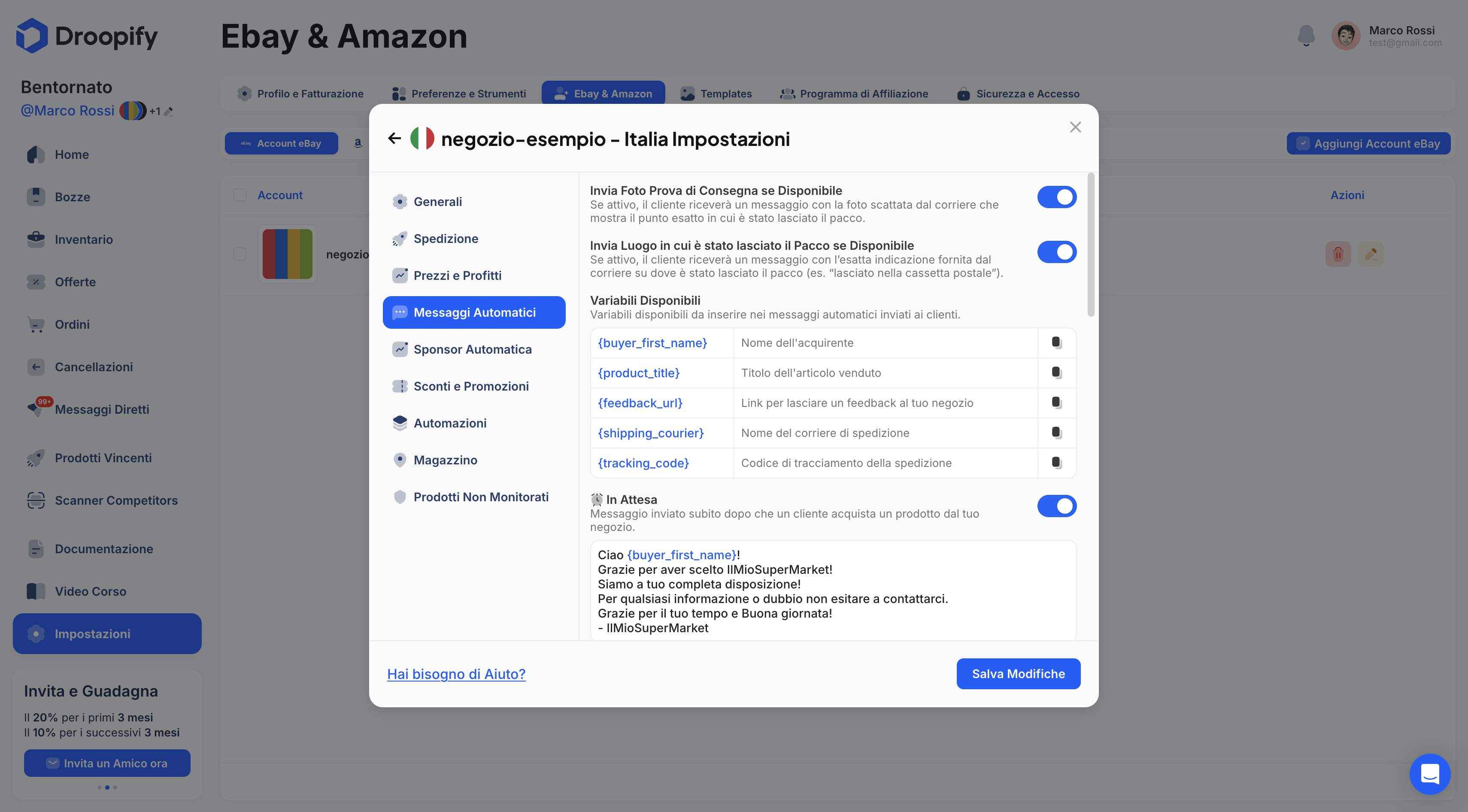 Pagina Impostazioni eBay - Pannello Modifica Messaggi Automatici