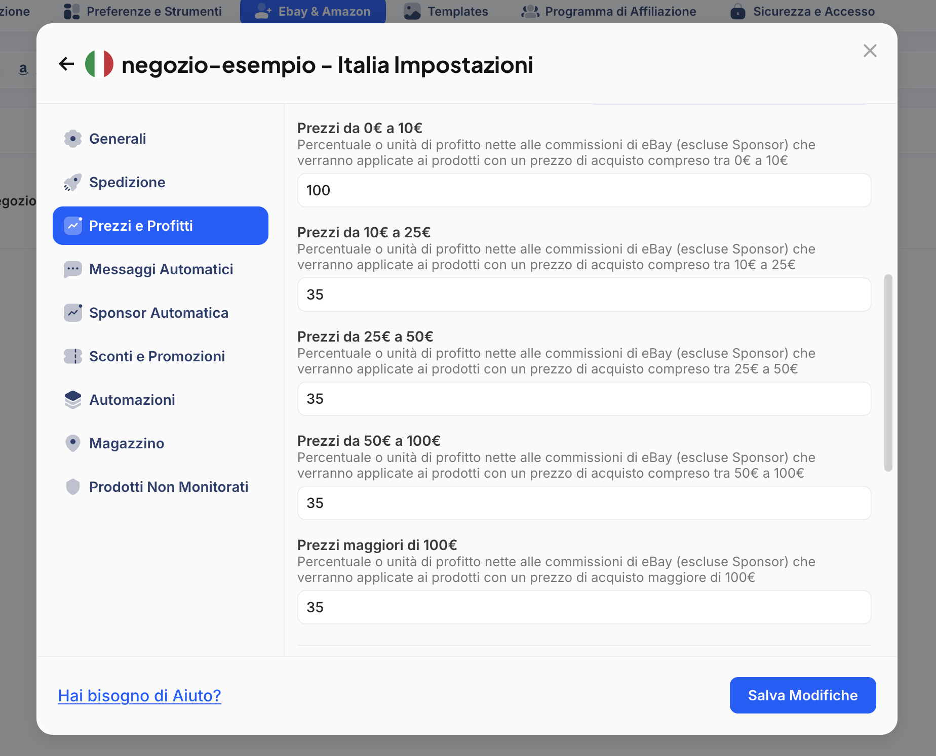 Pagina Impostazioni eBay - Pannello Modifica Prezzi e Profitti