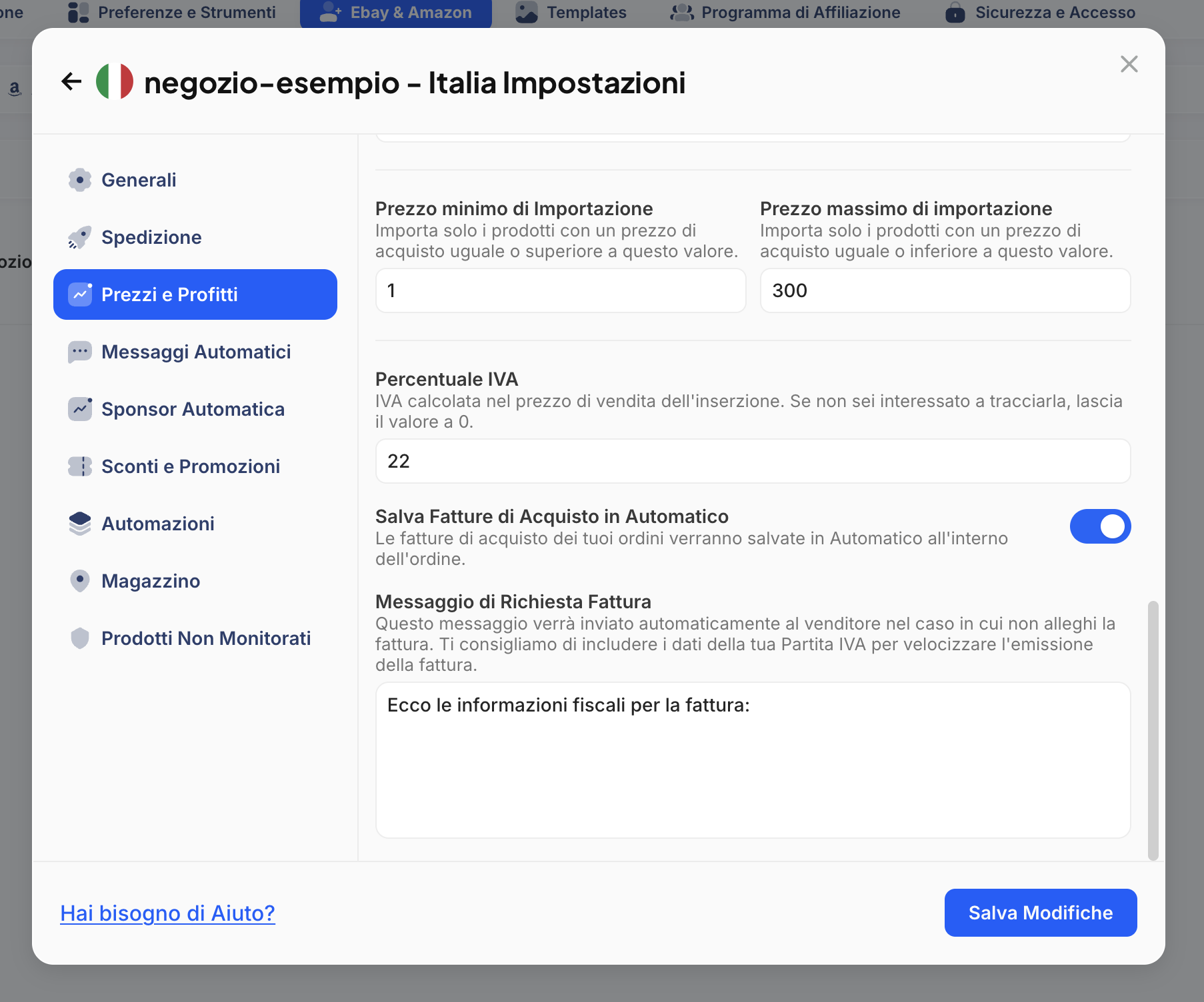 Pagina Impostazioni eBay - Pannello Modifica Prezzi e Profitti