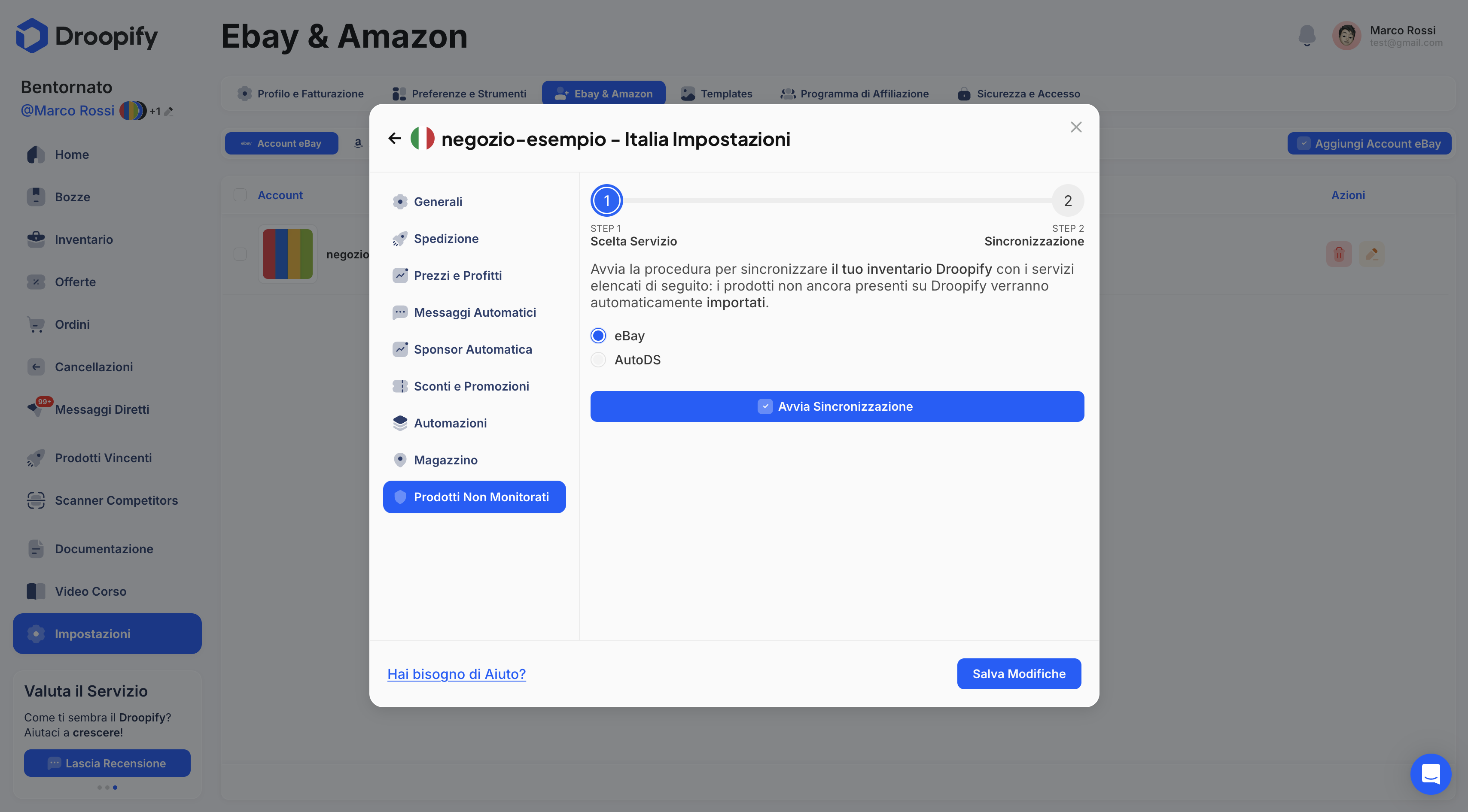 Pagina Impostazioni eBay - Prodotti Non Monitorati