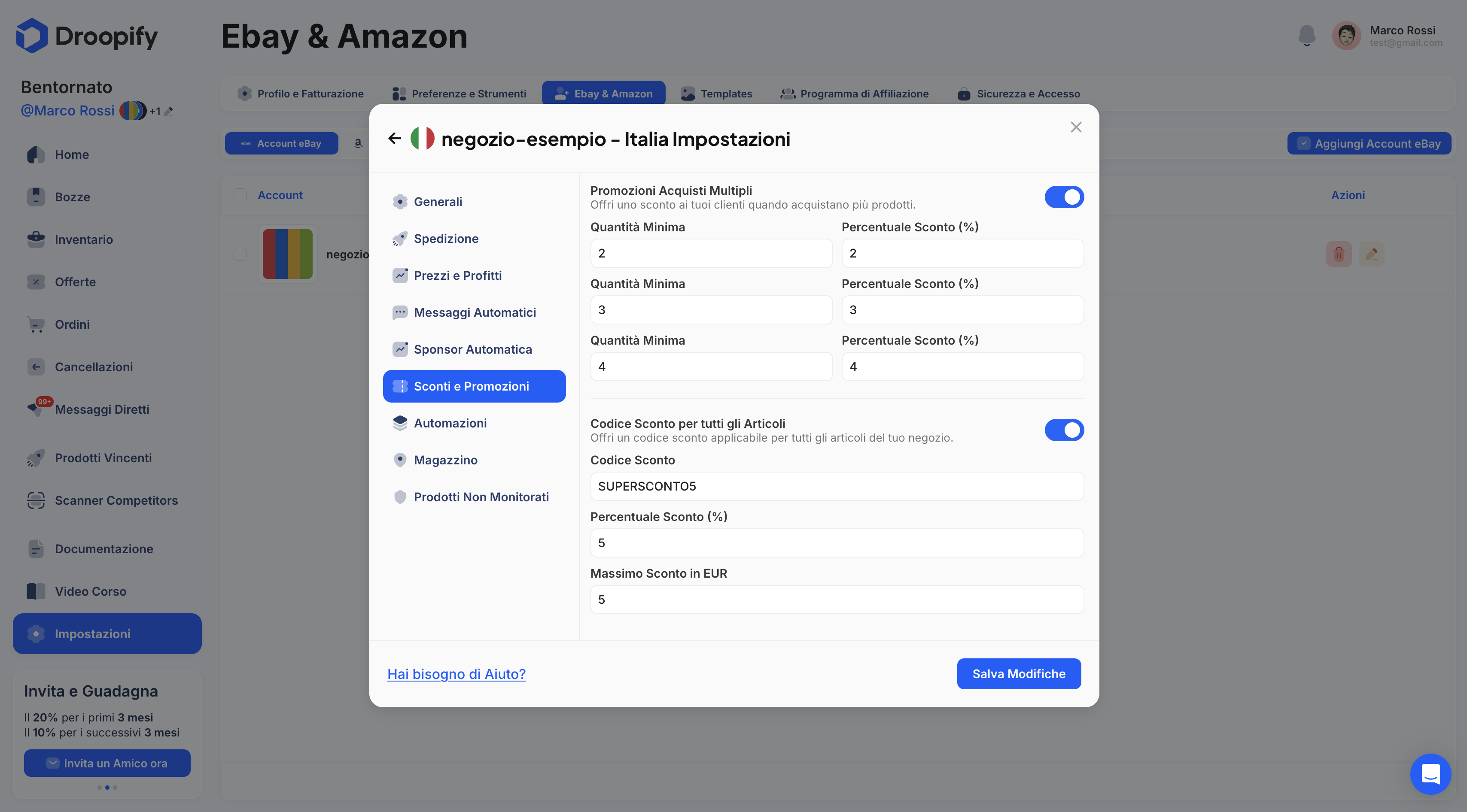 Pagina Impostazioni eBay - Pannello Modifica Sconti e Promozioni