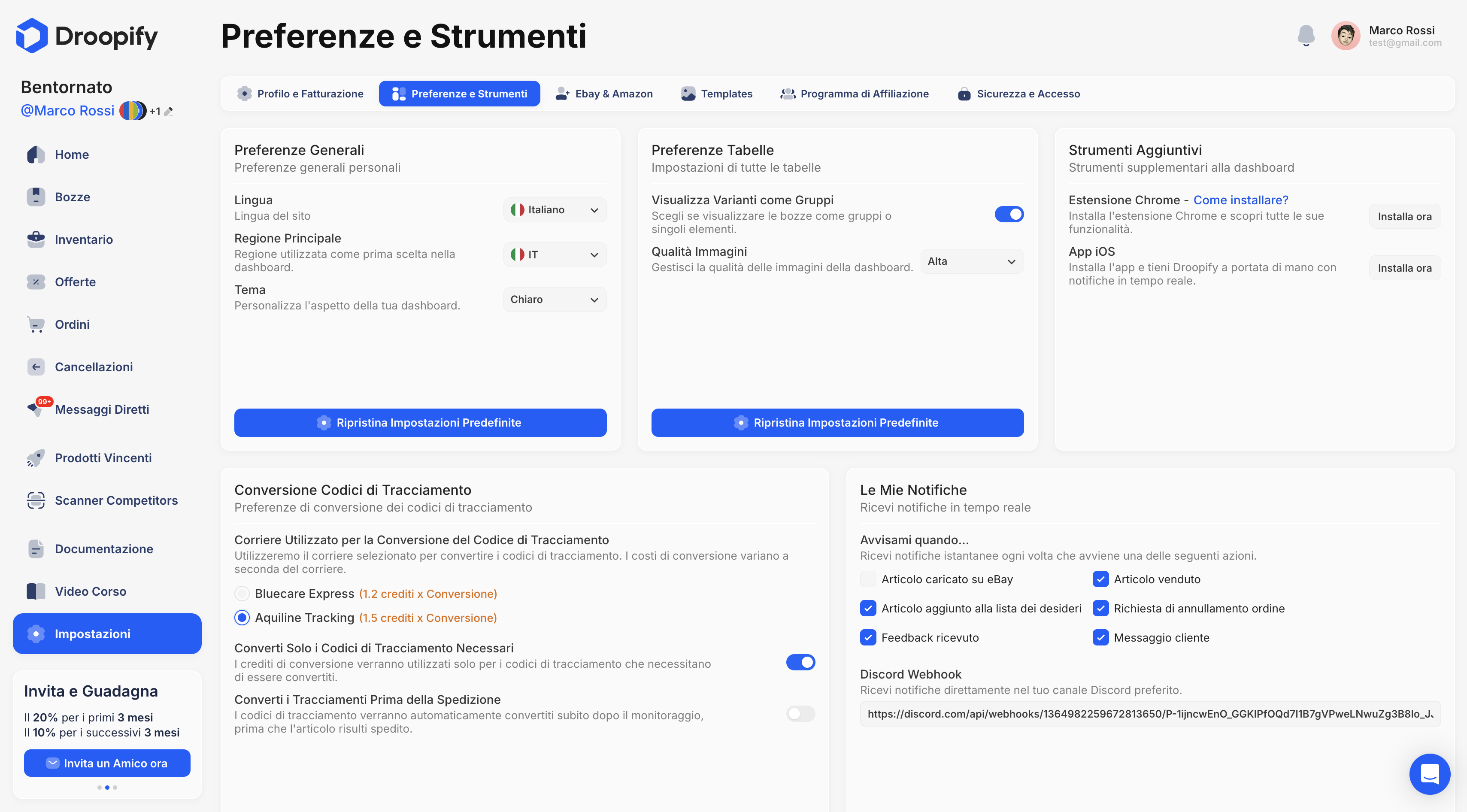 Pagina Impostazioni Preferenze e Strumenti