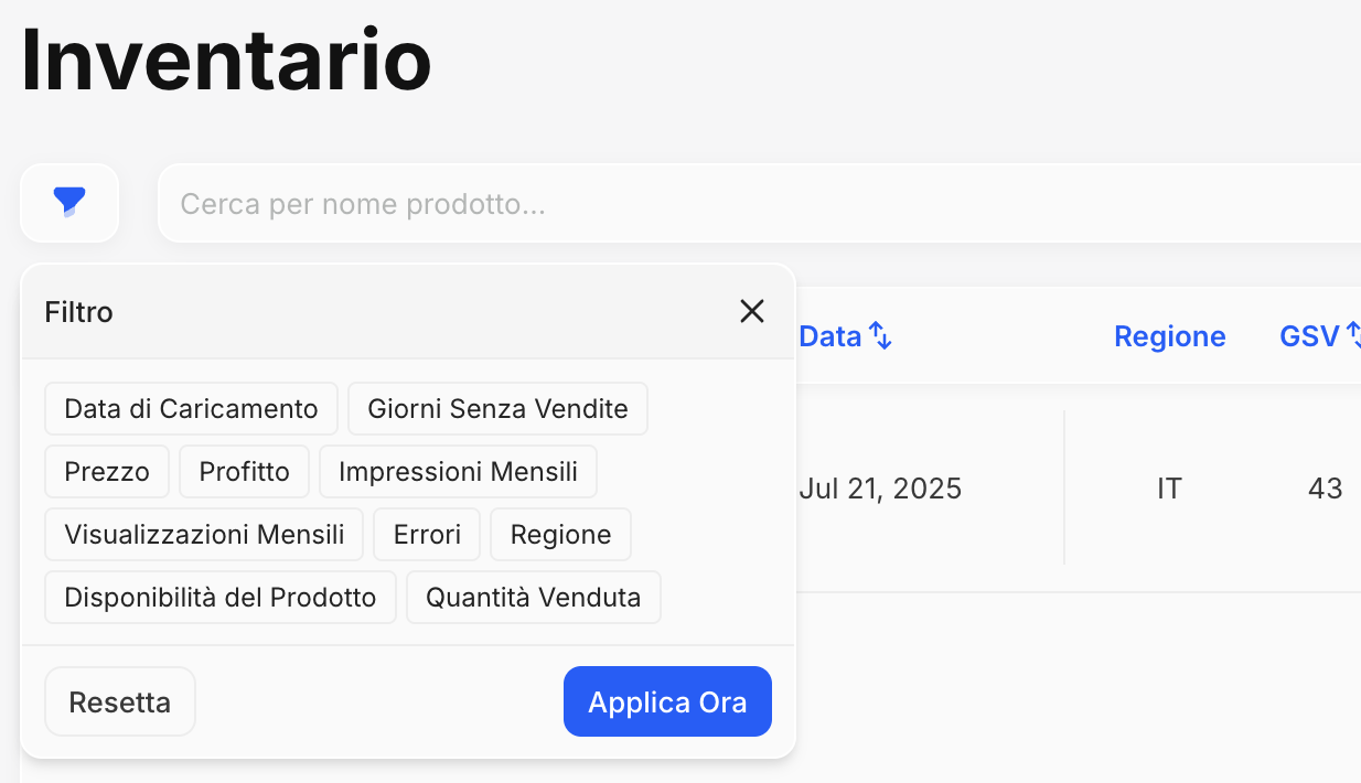 Filtri Inventario