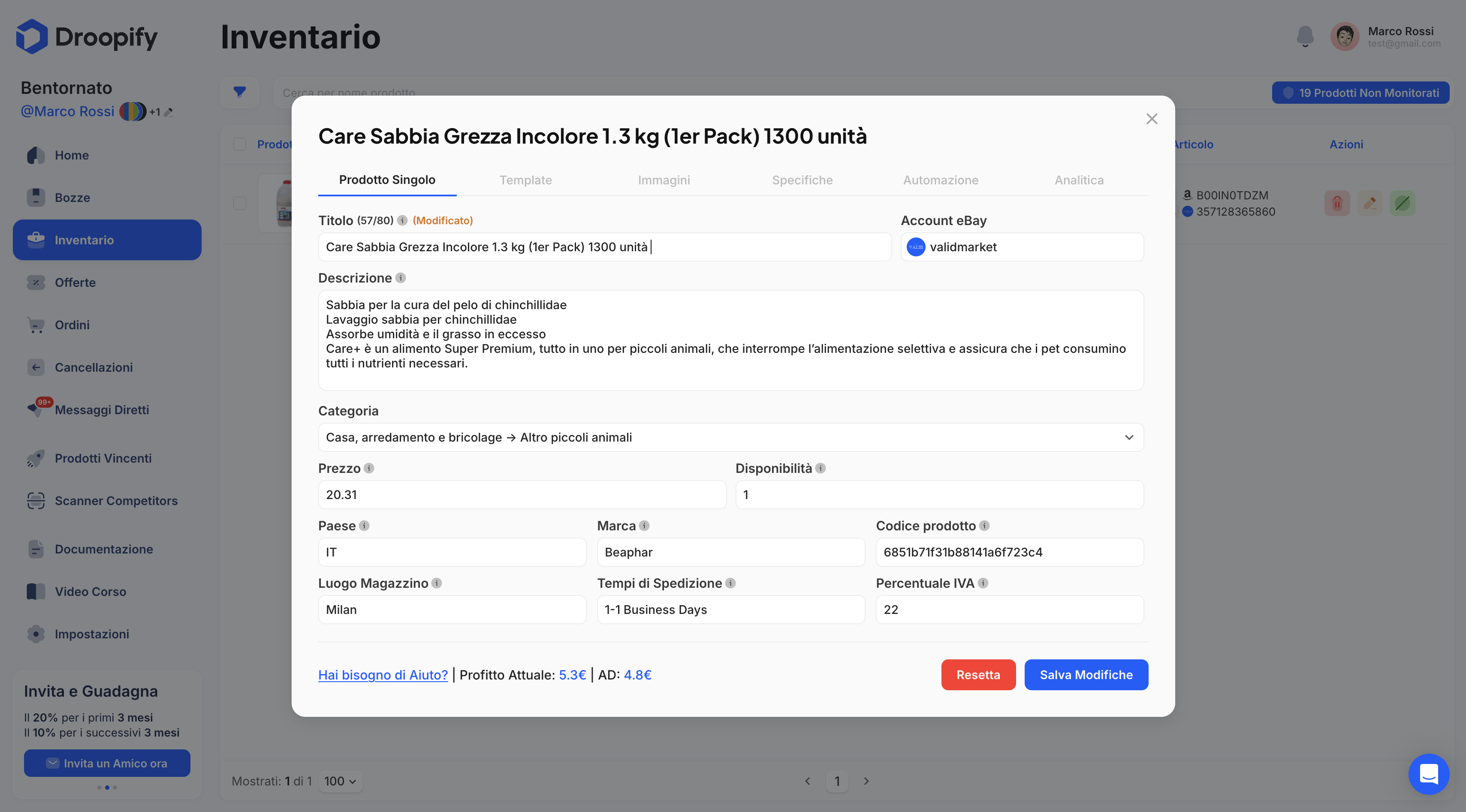 Pagina Inventario - Modifica Singola Reset