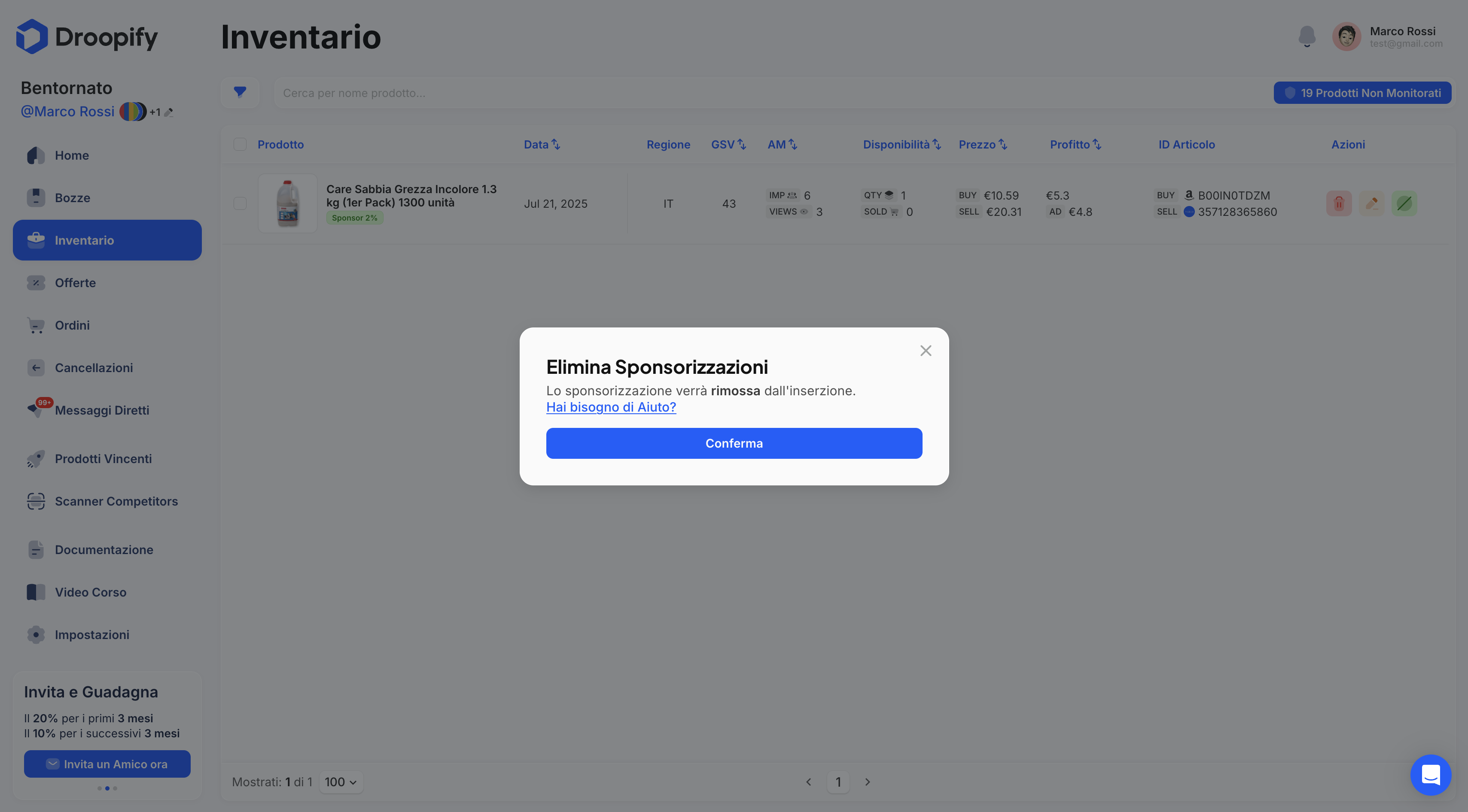 Pagina Inventario - Pannello Rimuovi Sponsor
