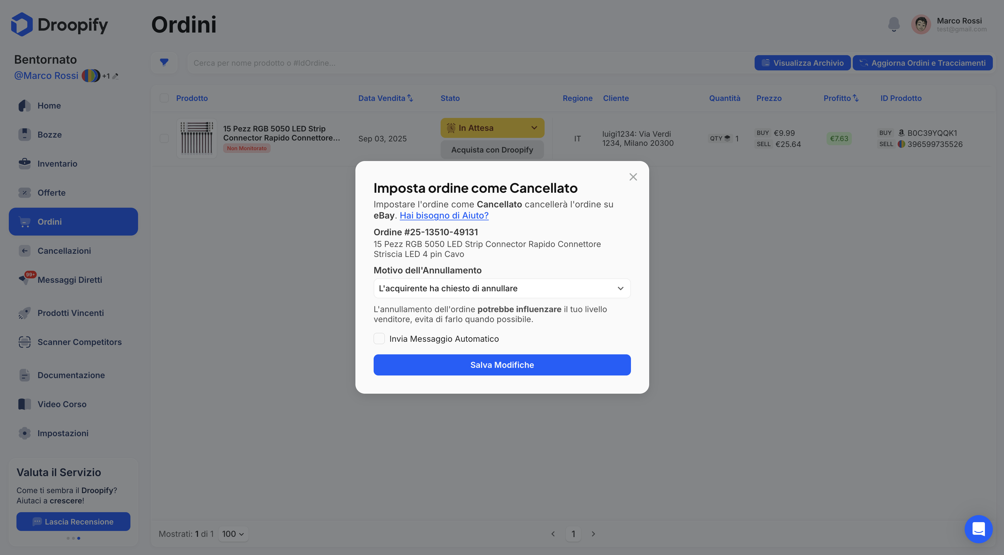 Pagina Ordini - Cancellare un Ordine