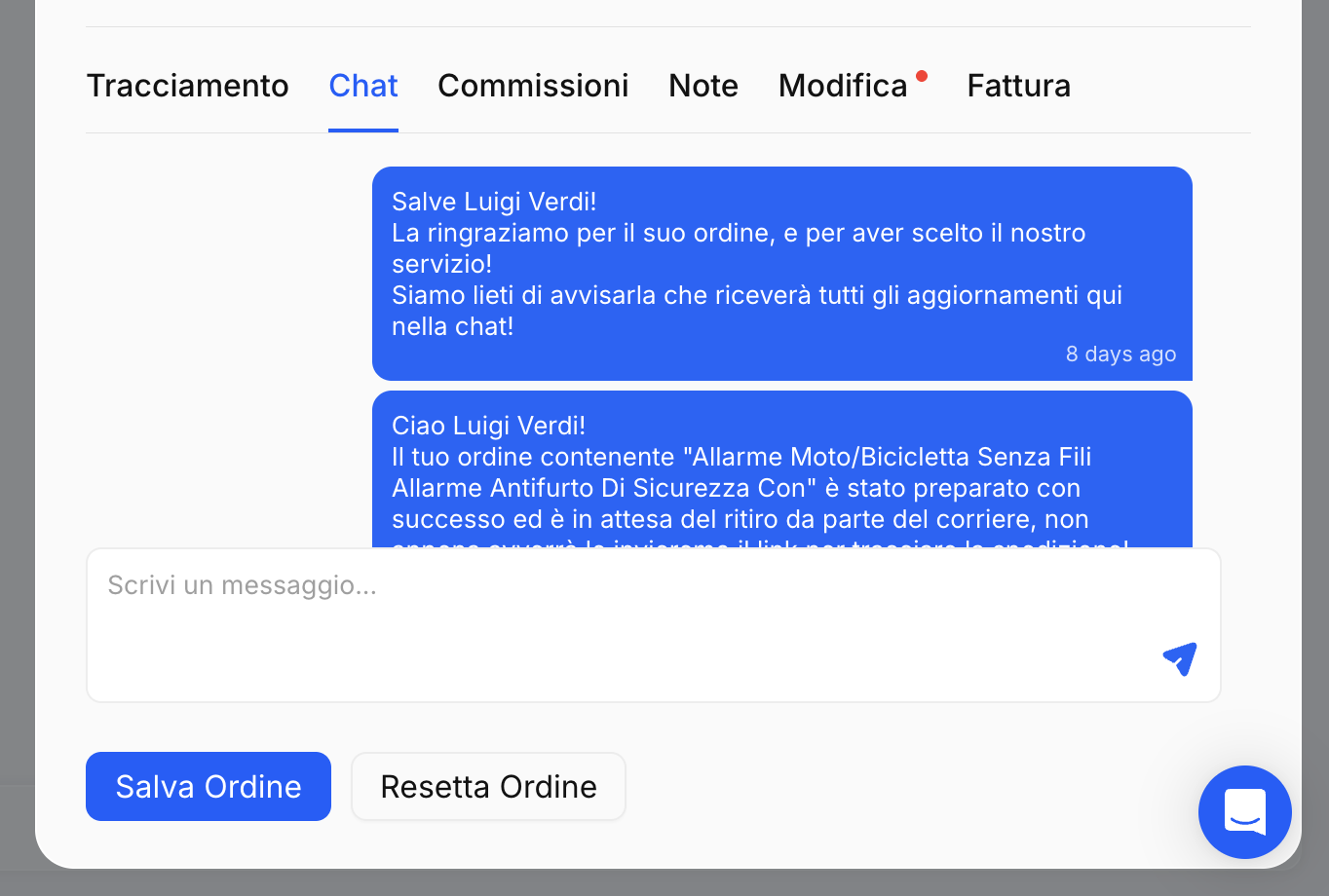 Pagina Ordini - Visualizza Dettagli Ordine - Chat