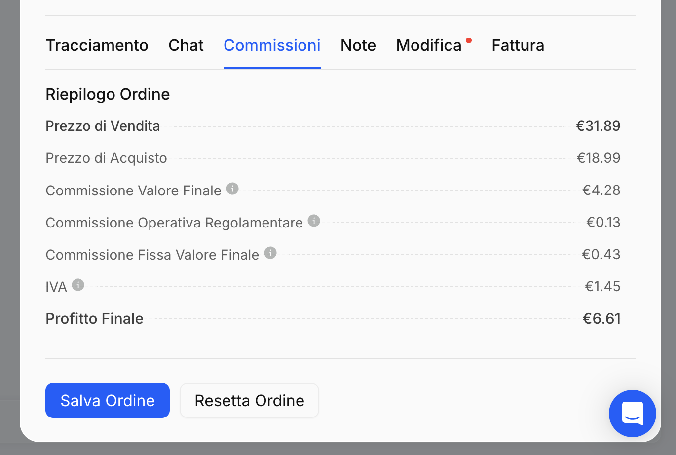 Pagina Ordini - Visualizza Dettagli Ordine - Commissioni
