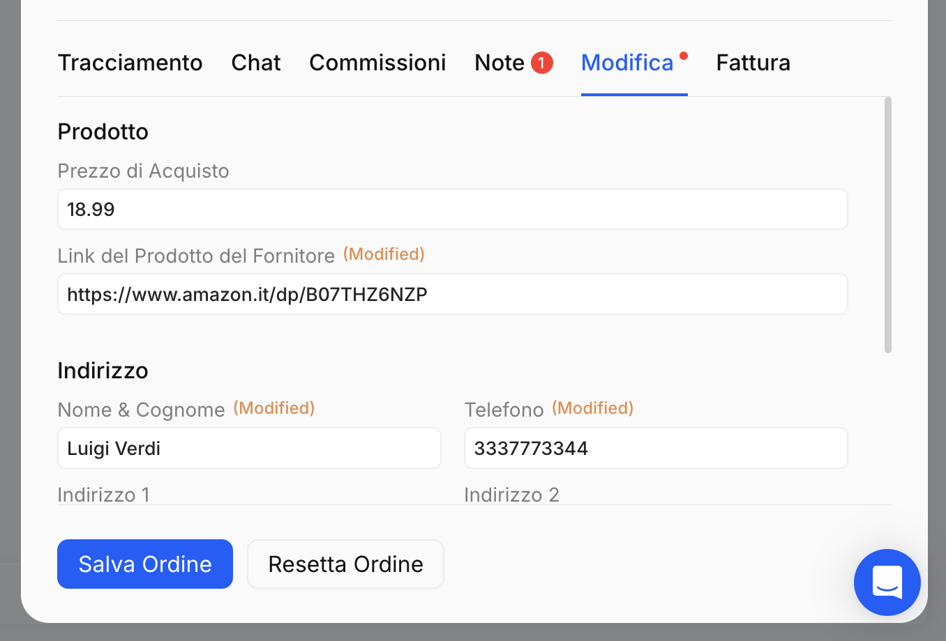 Pagina Ordini - Visualizza Dettagli Ordine - Modifica